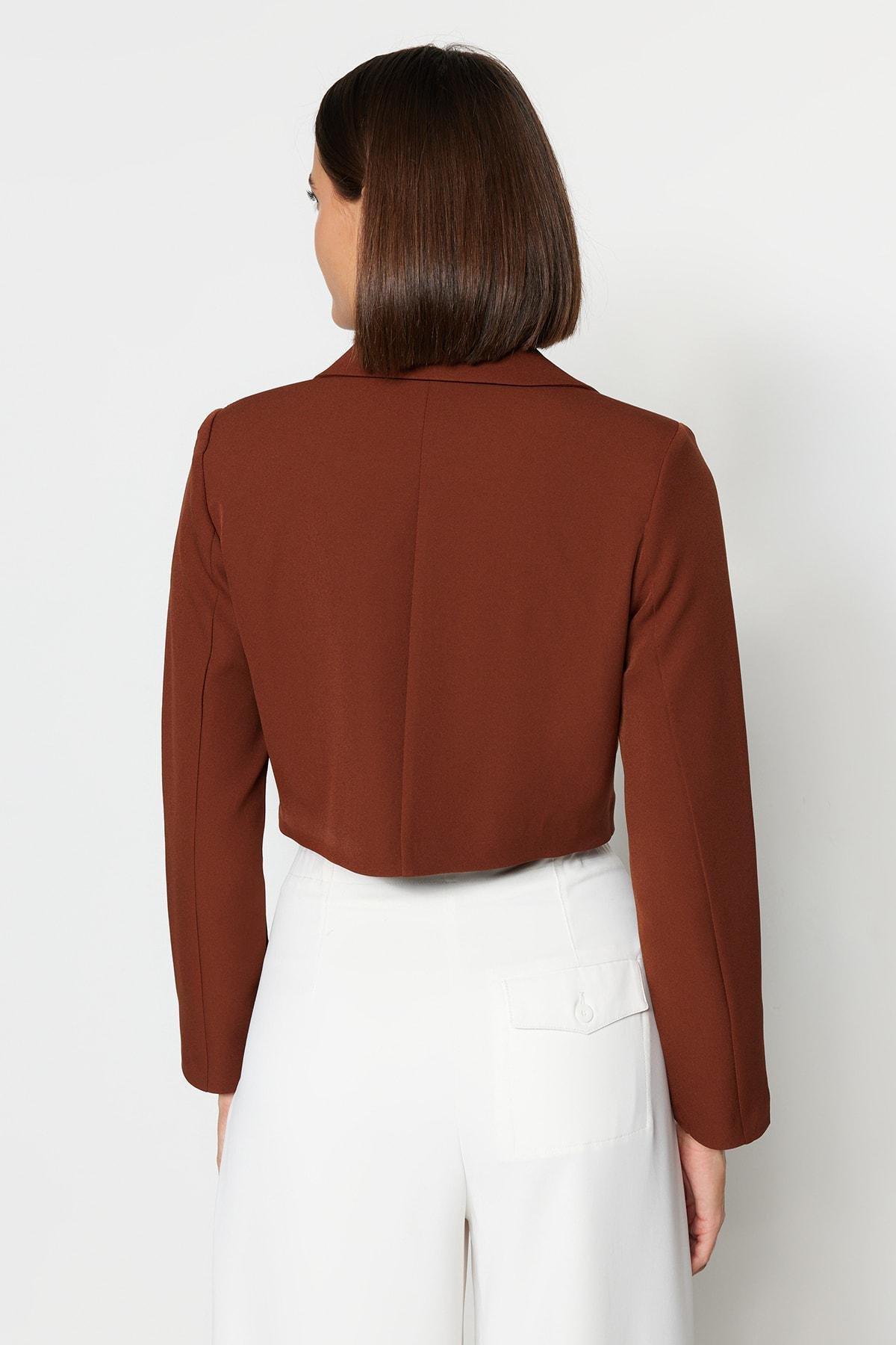 Brown Crop Woven Blazer, , large image number 9