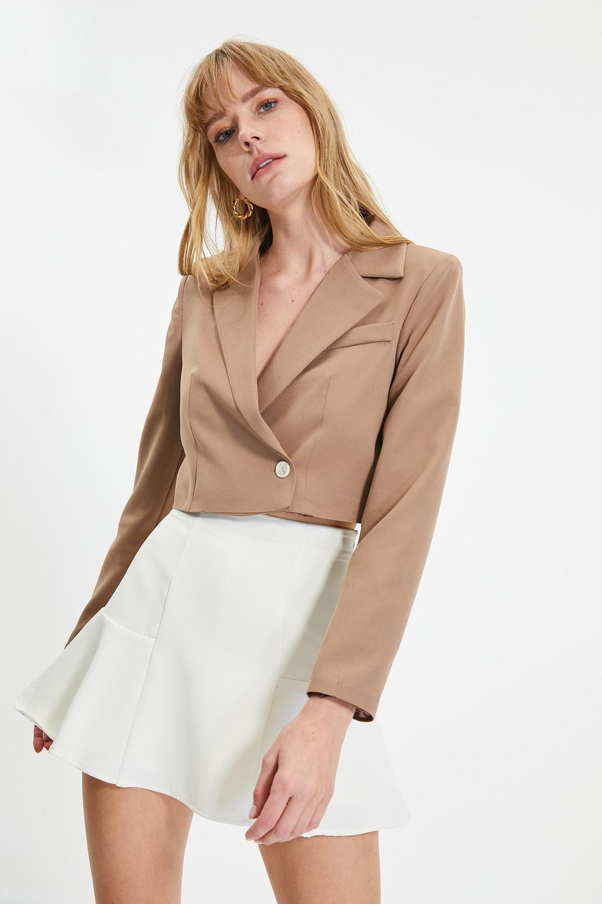 Brown Crop Woven Blazer, , large image number 10