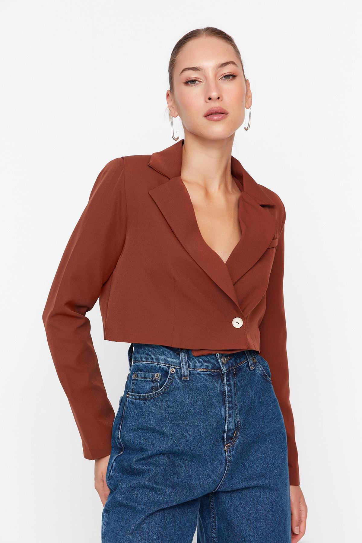 Brown Crop Woven Blazer, , large image number 11