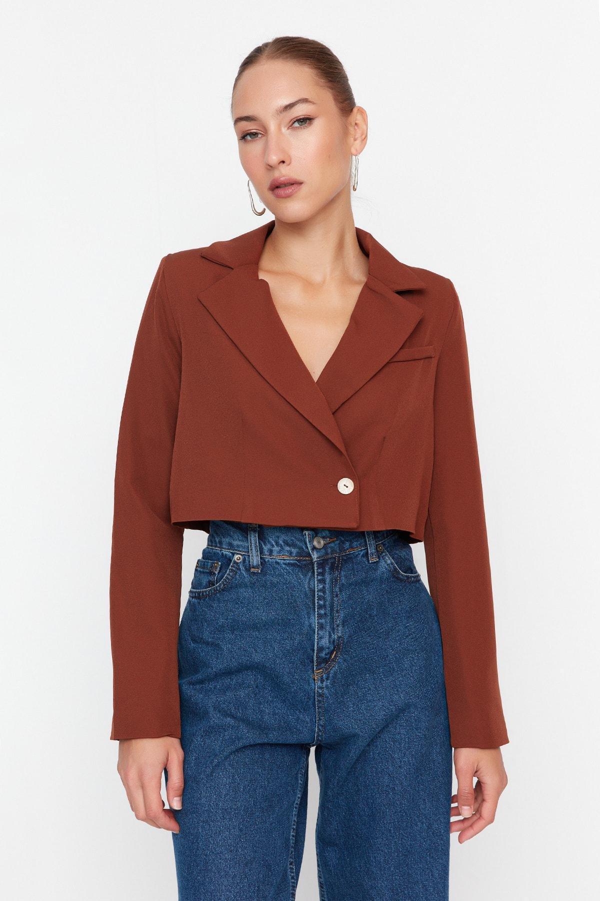 Brown Crop Woven Blazer, , large image number 13