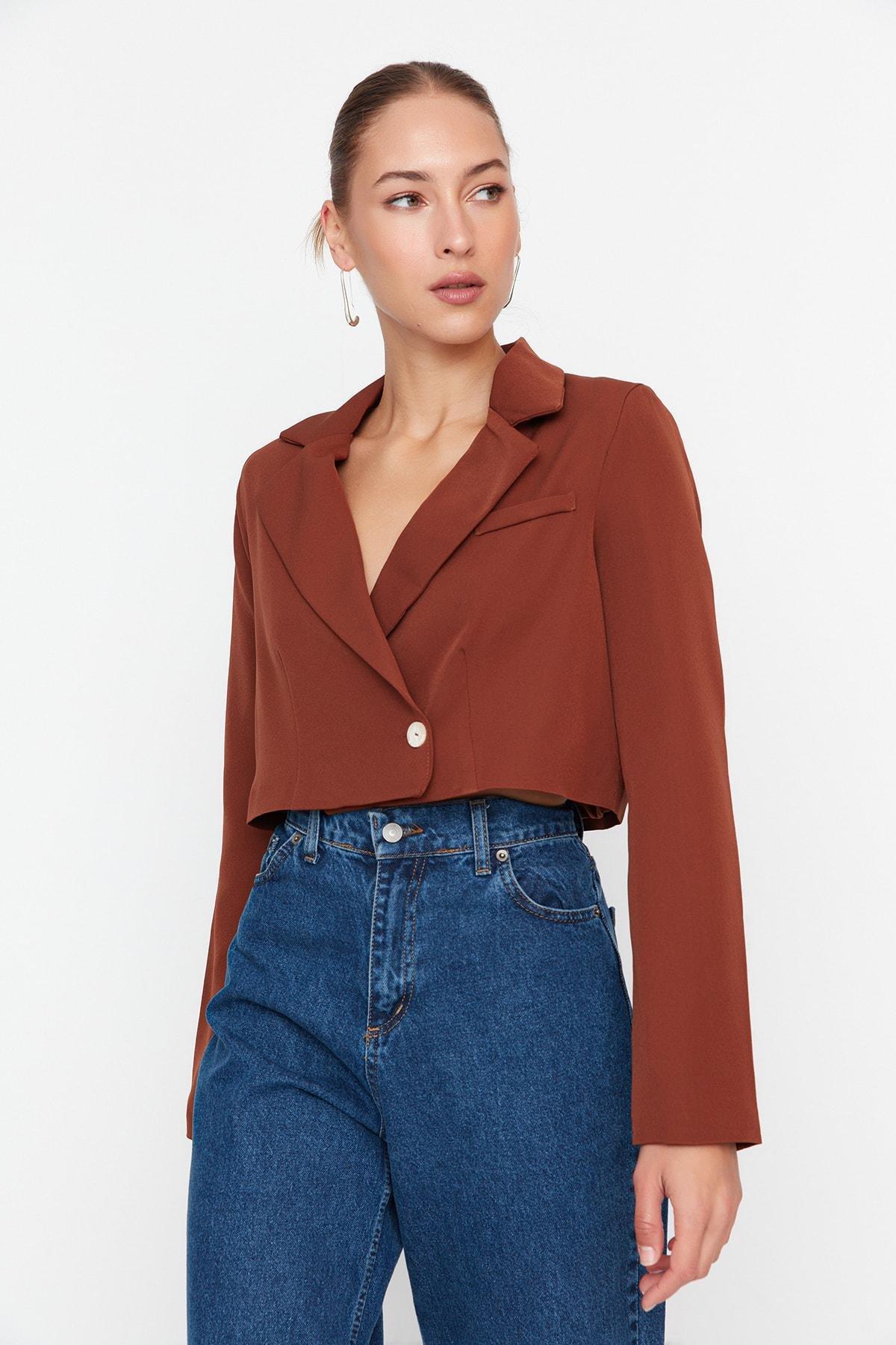 Brown Crop Woven Blazer, , large image number 15