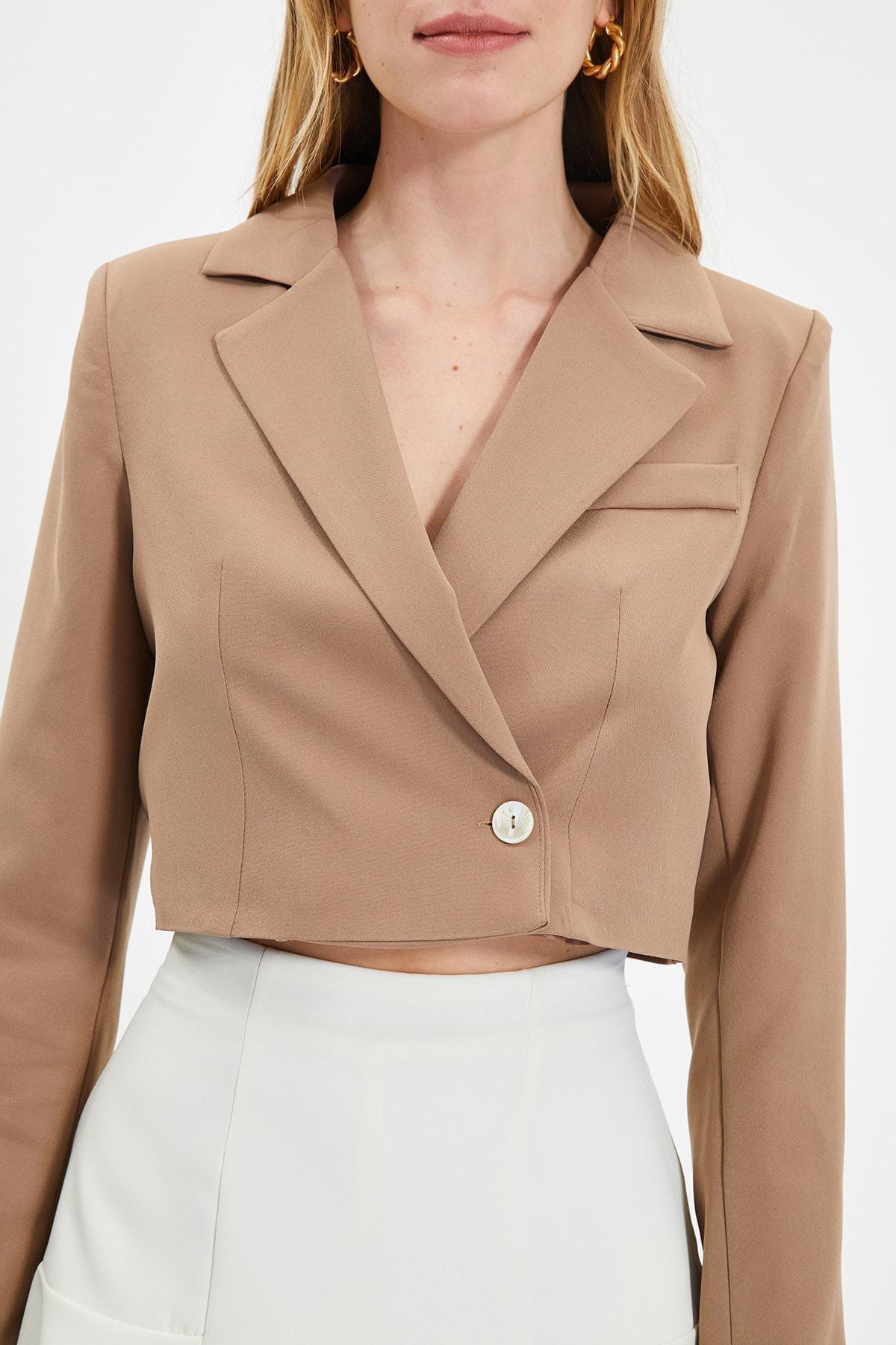 Brown Crop Woven Blazer, , large image number 16