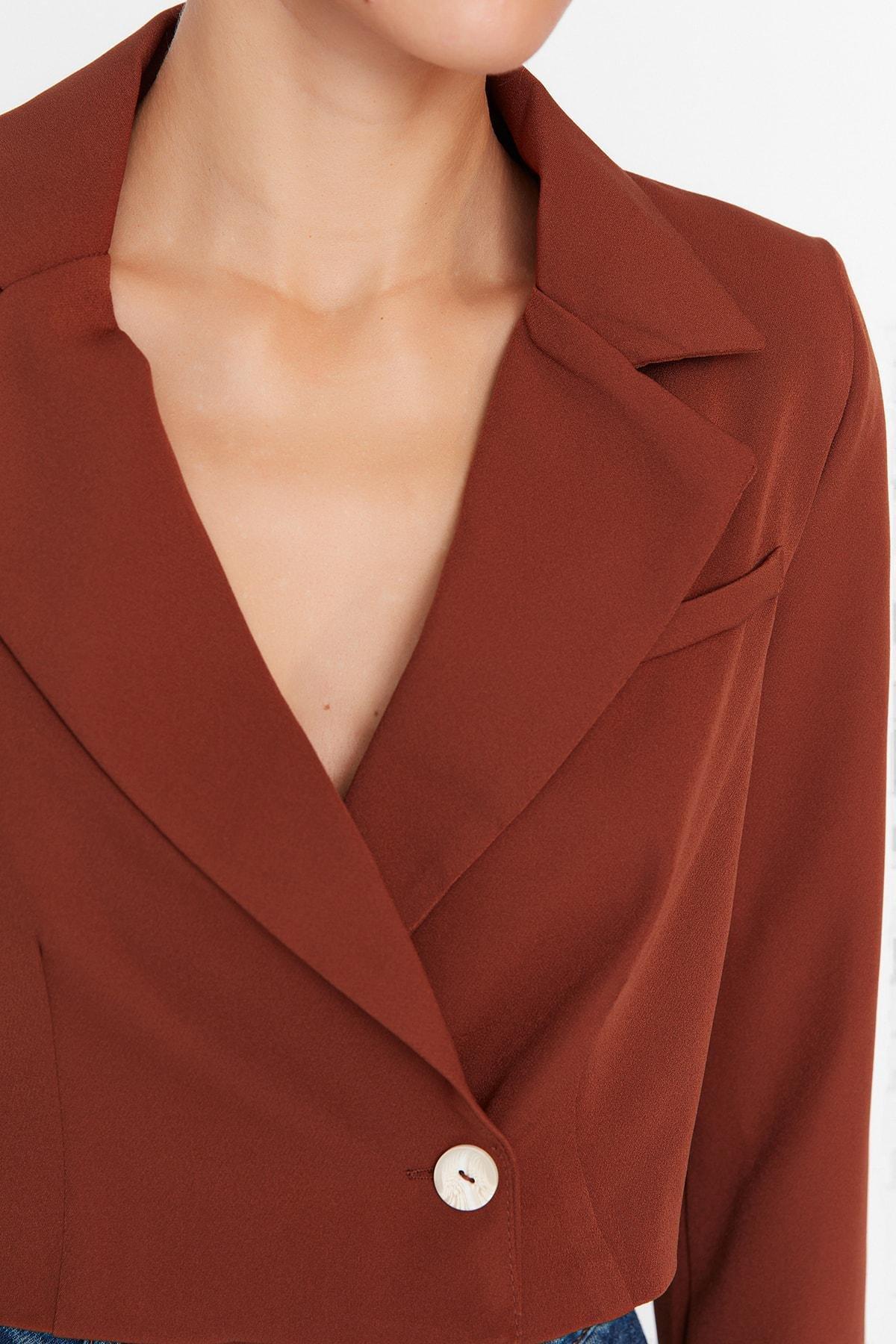 Brown Crop Woven Blazer, , large image number 17