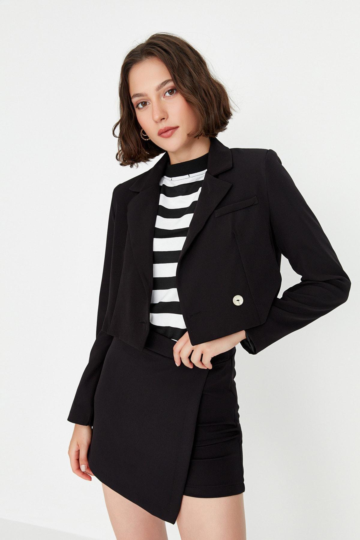 Black Lapel Collar Blazer, Black, large image number 0