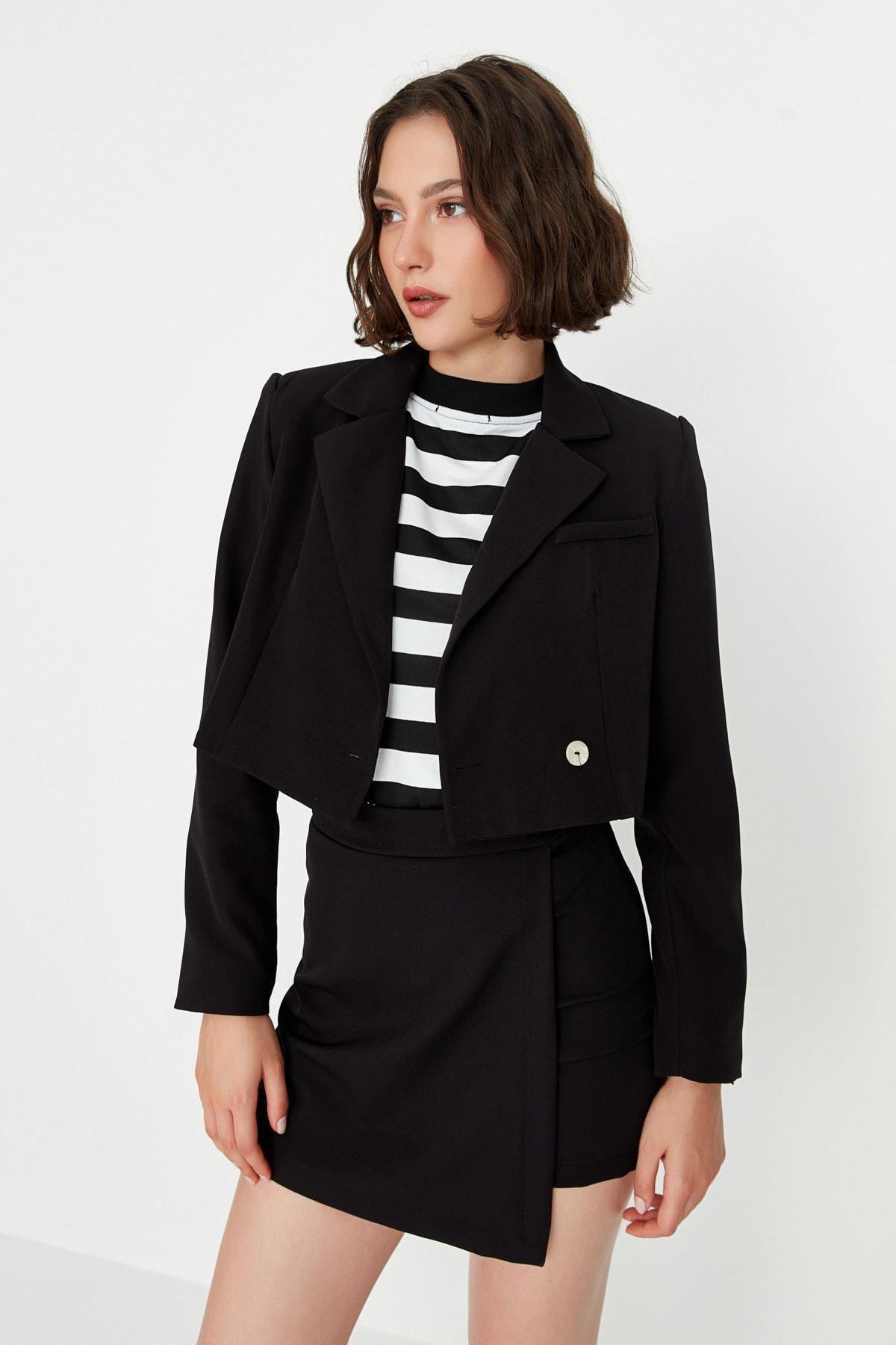 Black Lapel Collar Blazer, Black, large image number 1