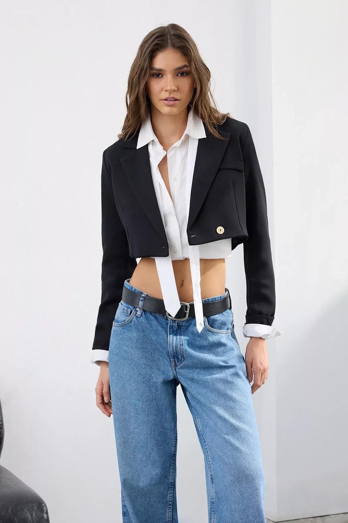 Black Lapel Collar Blazer, Black, large image number 1