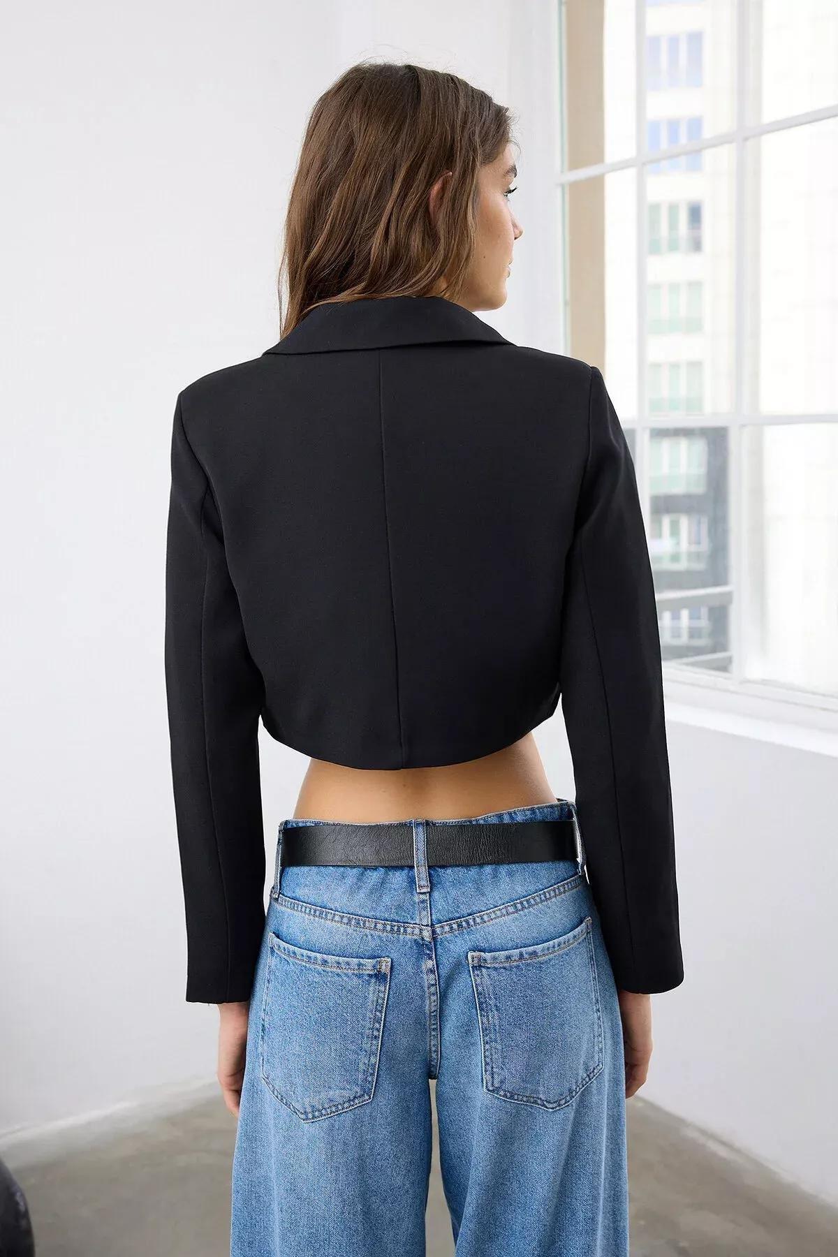 Black Lapel Collar Blazer, Black, large image number 7