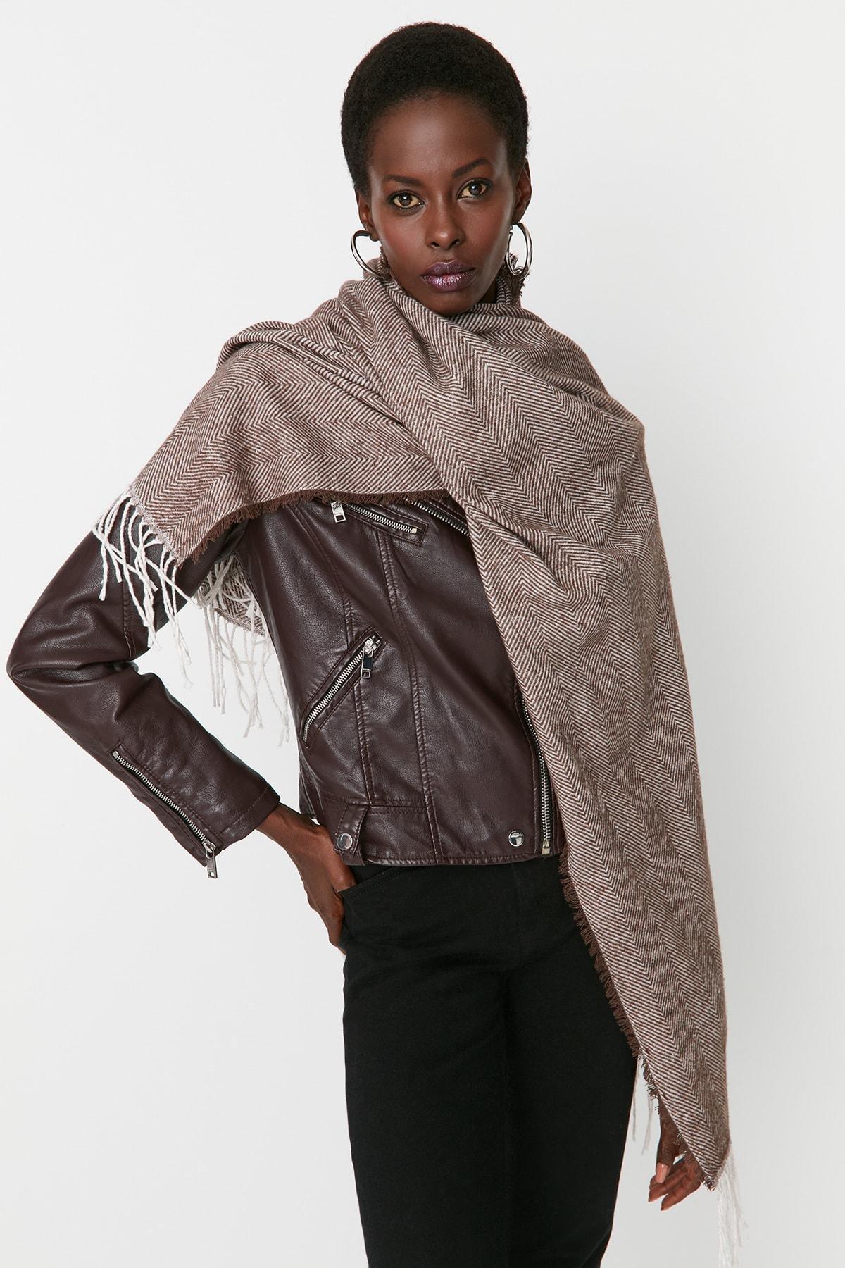 Brown Soft Textured Winter Scarf, Brown, large image number 1