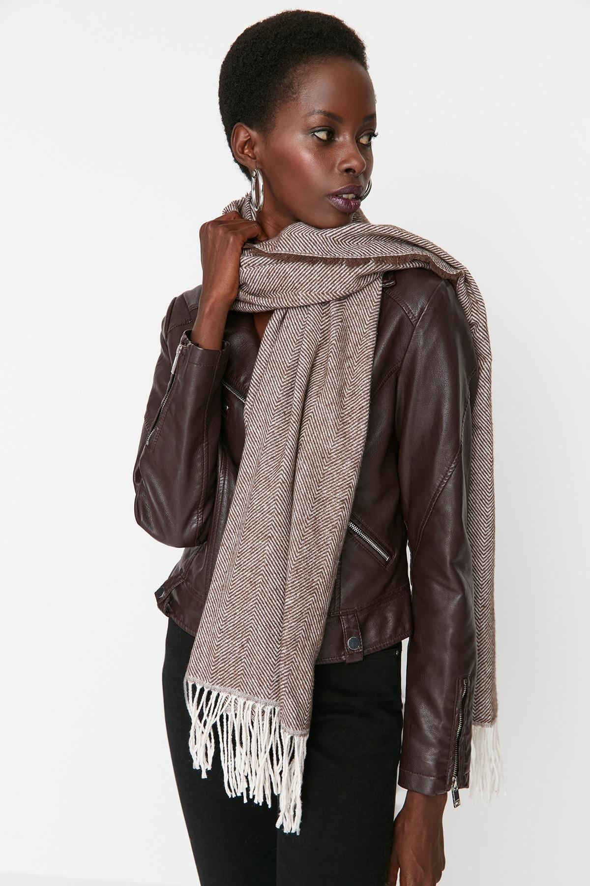 Brown Soft Textured Winter Scarf, Brown, large image number 3