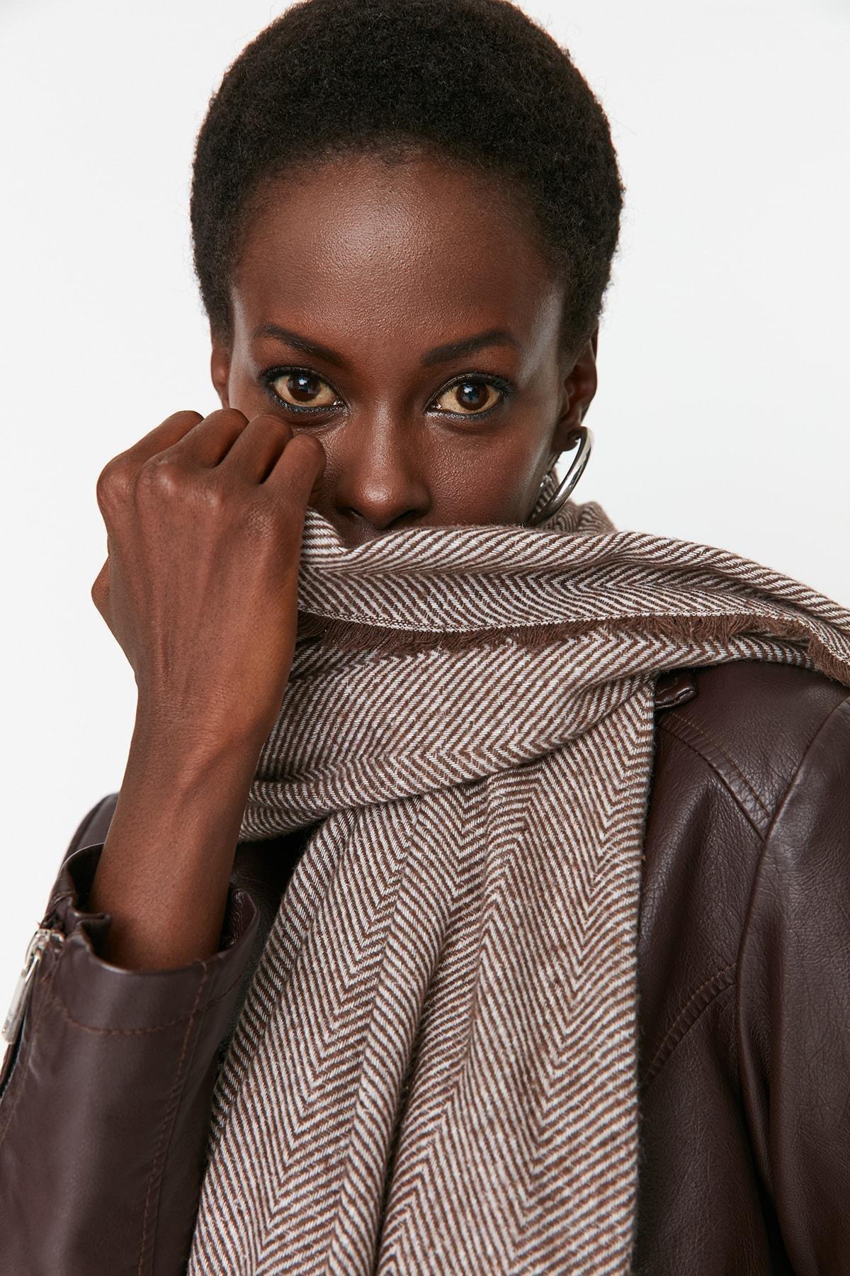 Brown Soft Textured Winter Scarf, Brown, large image number 5
