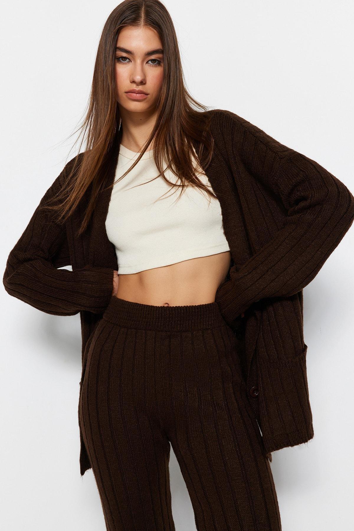 Brown Oversize Knit Co-Ord Set, Brown, large image number 1