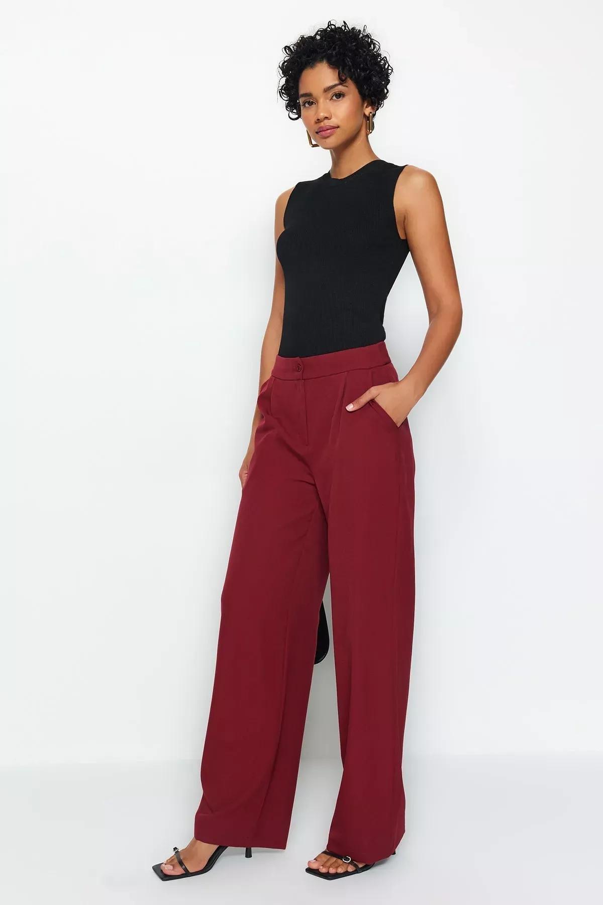 Red Wide Leg Pants, Burgundy, medium