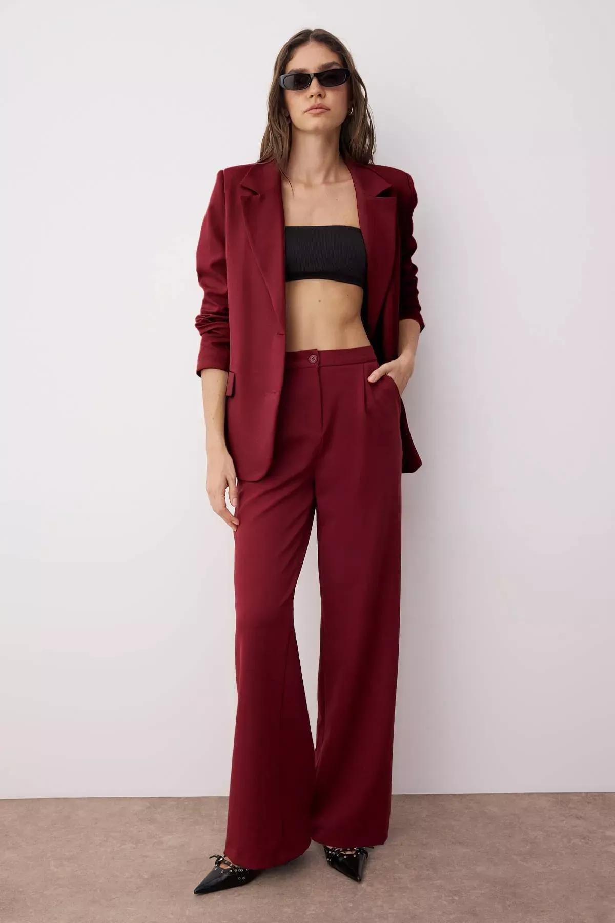 Red Wide Leg Pants, Burgundy, large image number 1