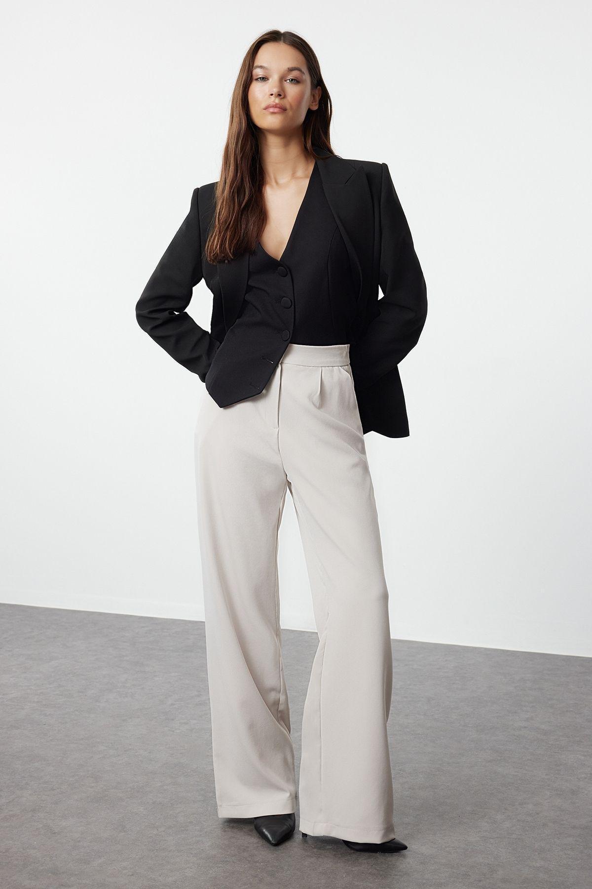 Beige Wide Woven Trousers, , medium