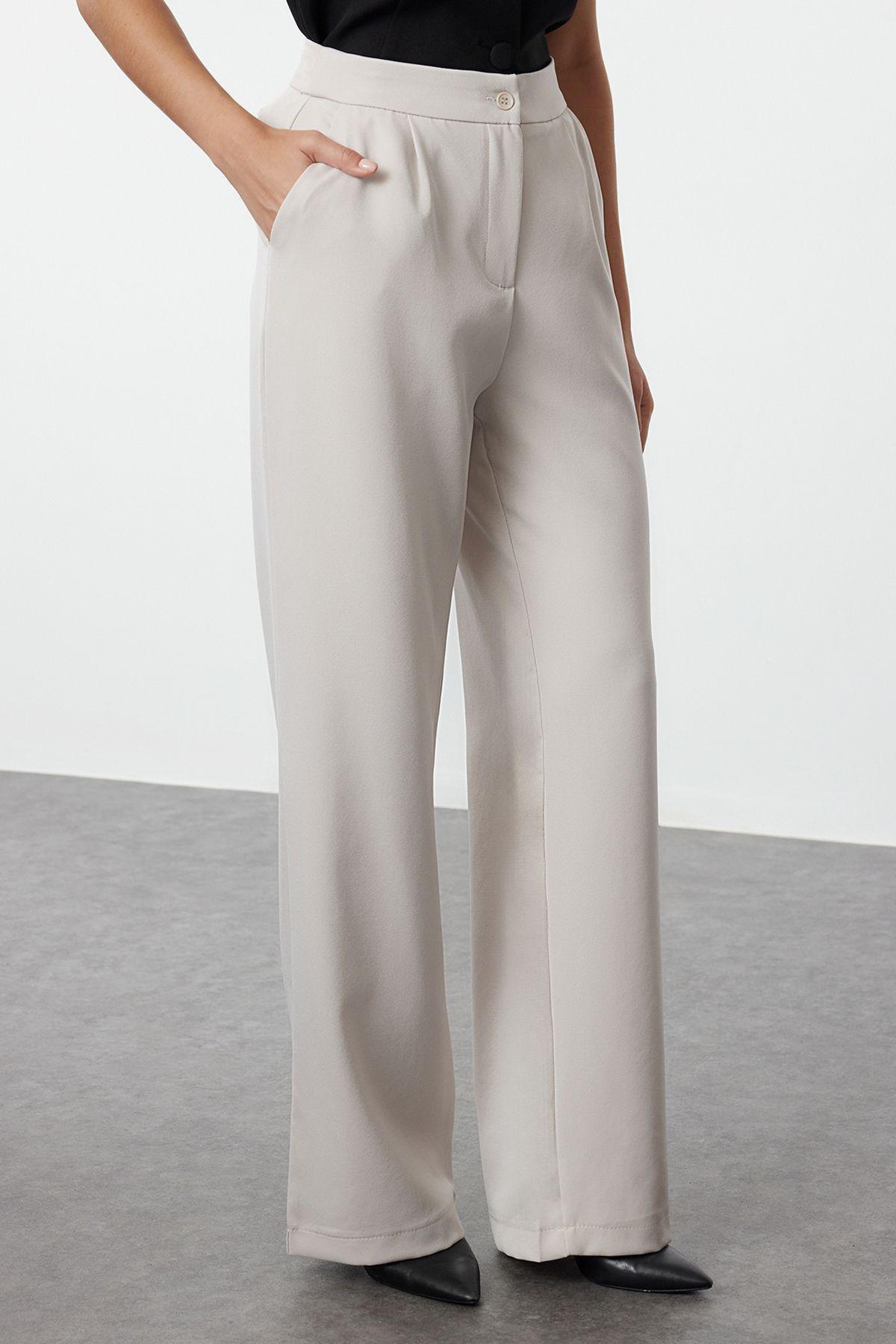 بنطال منسوج بقصة ساق عريضة، بيج, Beige, large image number 3