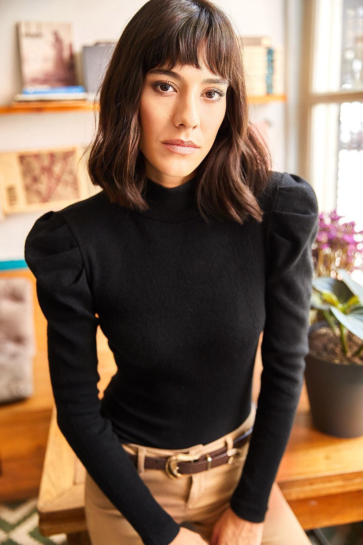 Black Turtleneck Blouse, BLACK, large image number 0