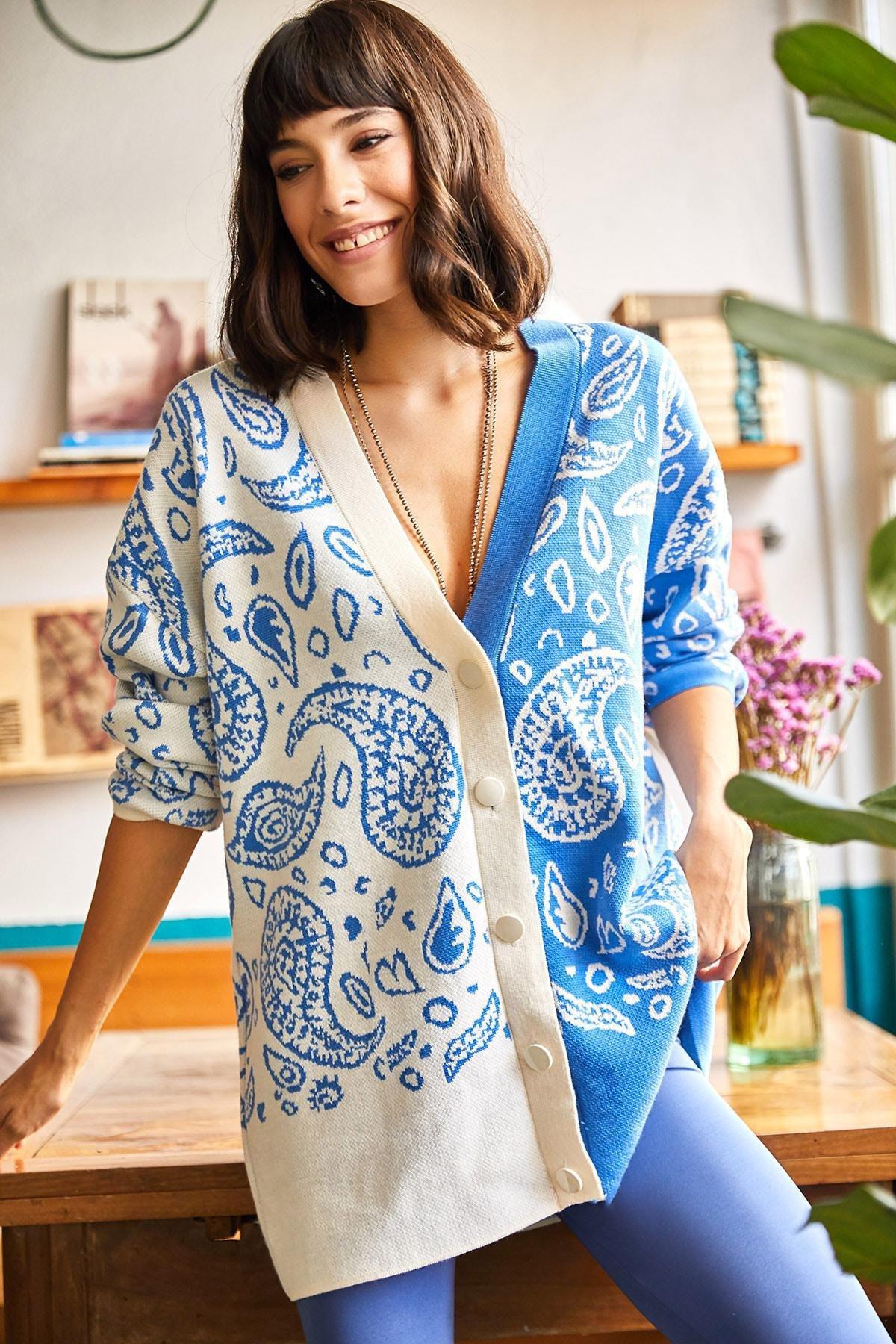 Blue Paisley Oversize Cardigan, , large image number 2