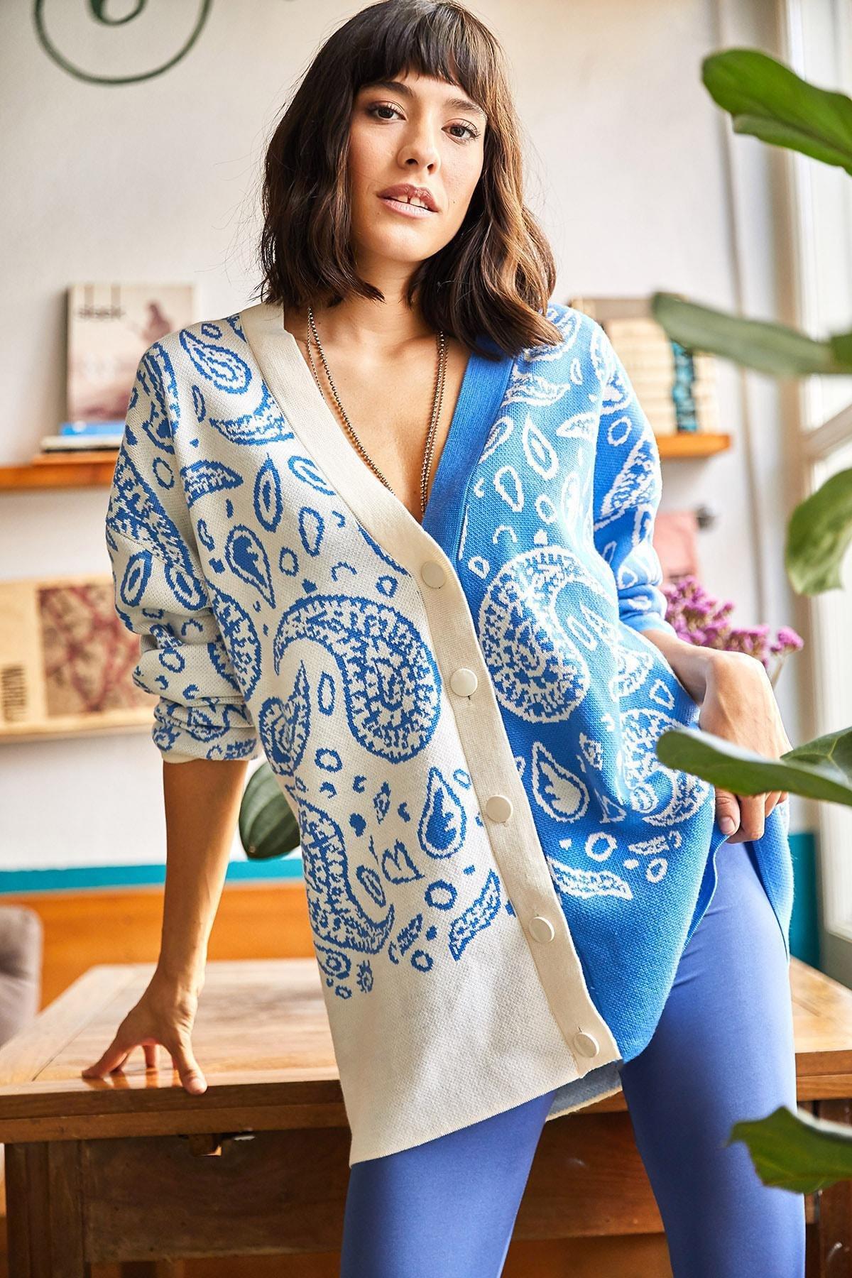 Blue Paisley Oversize Cardigan, , large image number 3