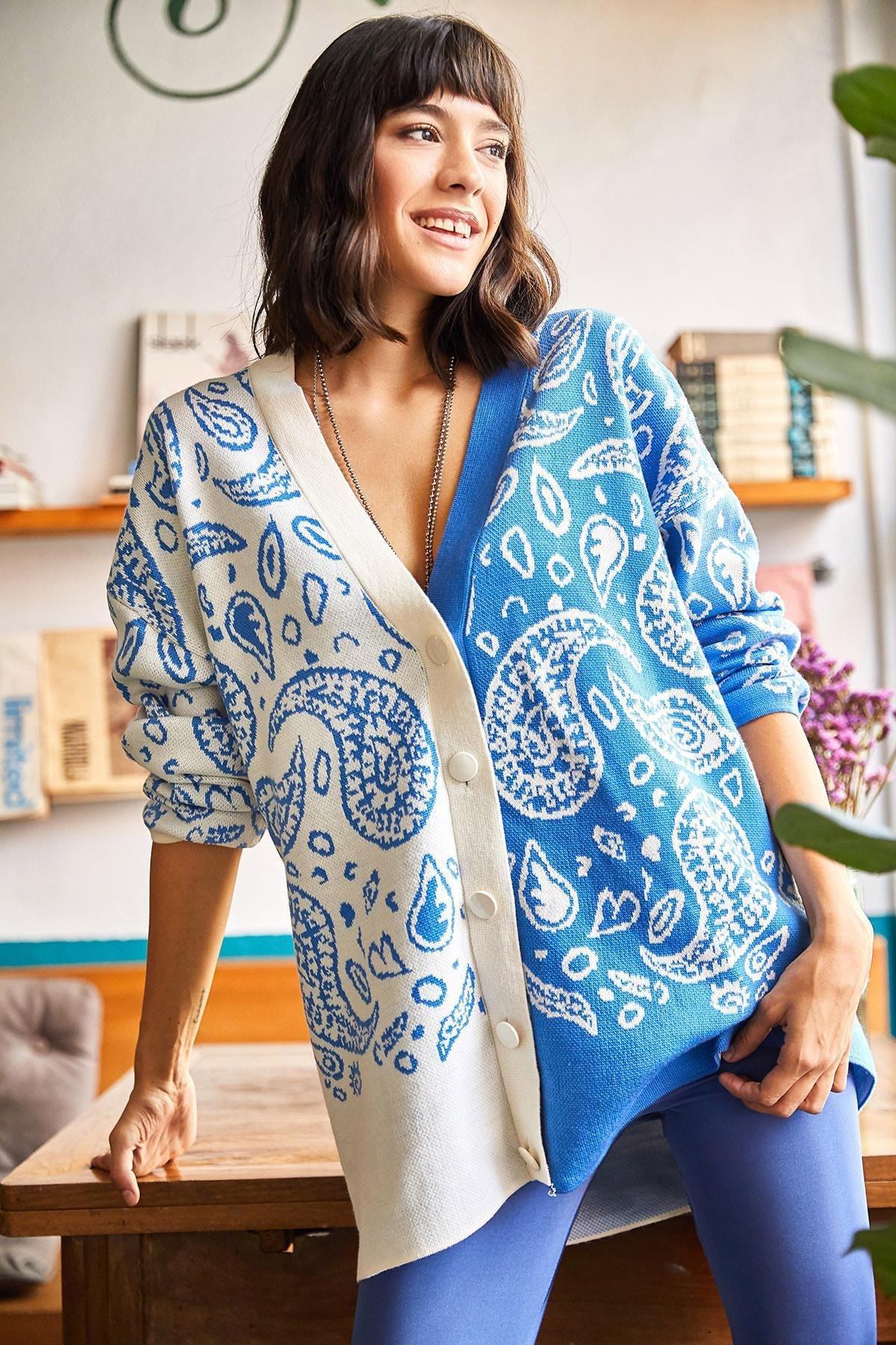 Blue Paisley Oversize Cardigan, , large image number 4