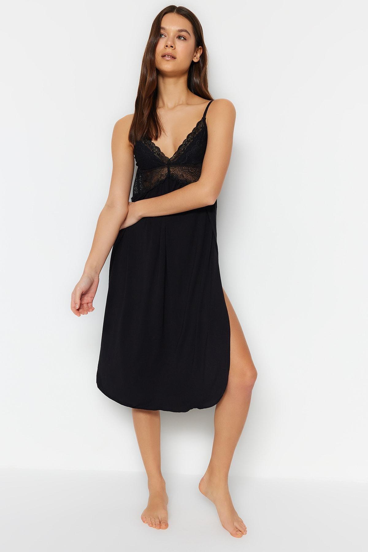 Black V-Neck Nightgown, , large image number 3