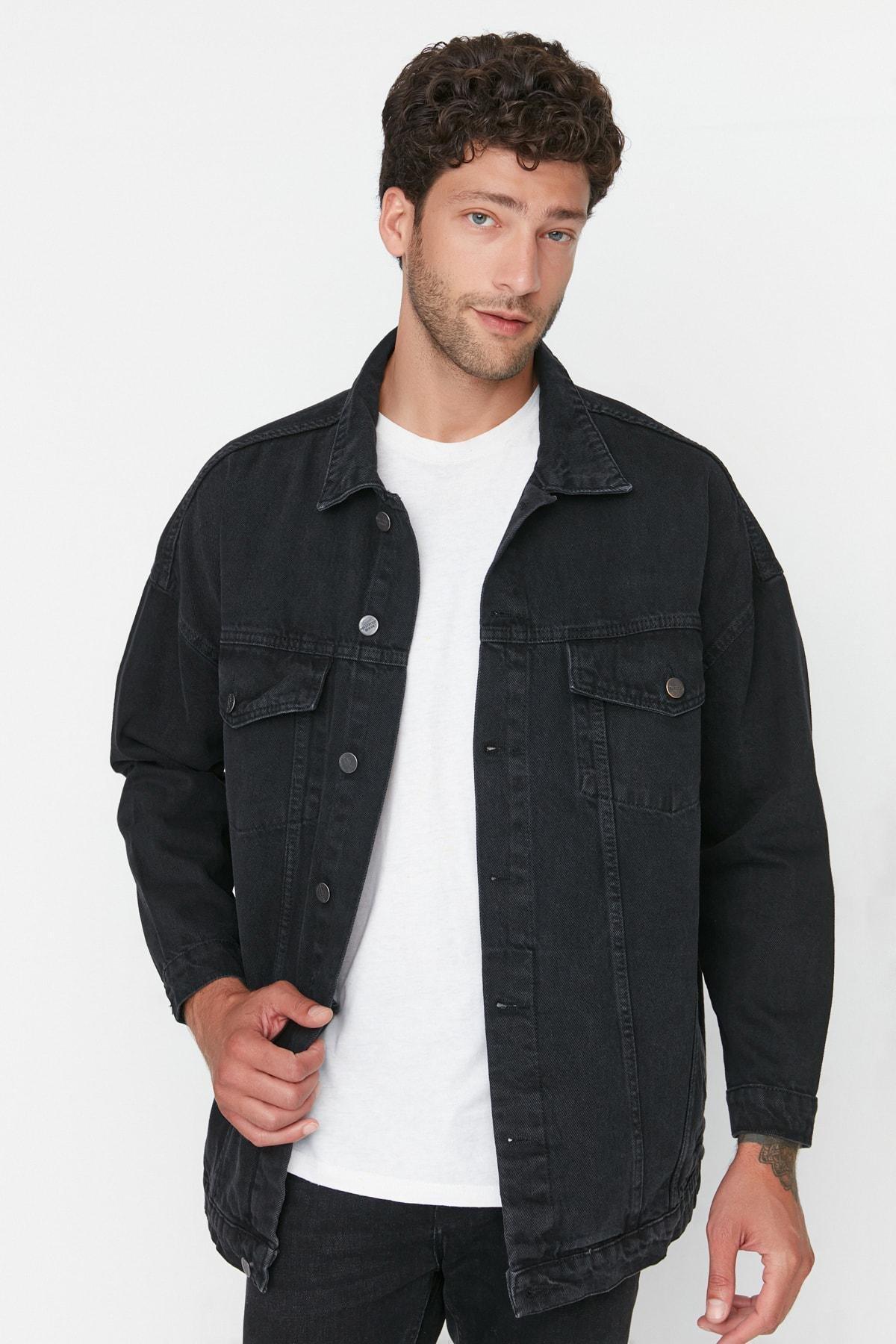 Trendyol - Grey Cotton Oversize Double-Breasted Jacket