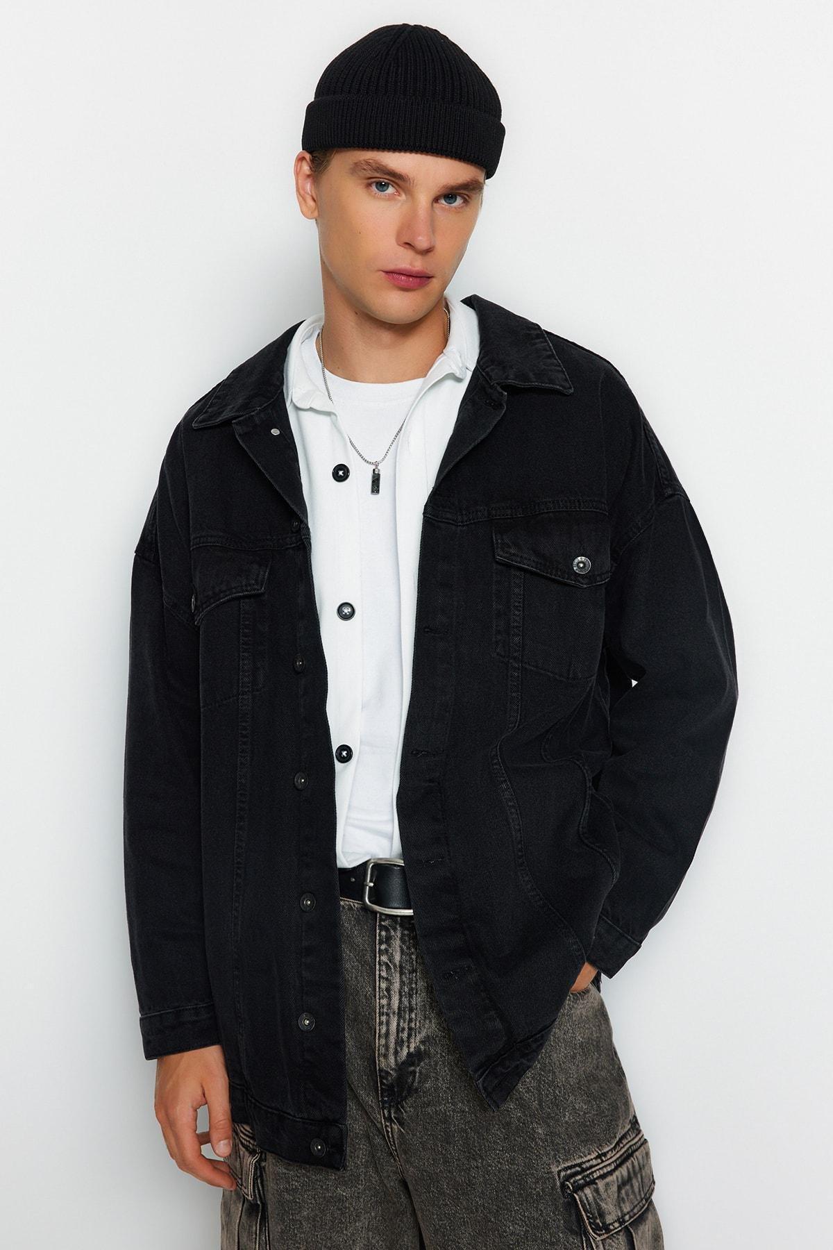 Trendyol - Grey Cotton Oversize Double-Breasted Jacket