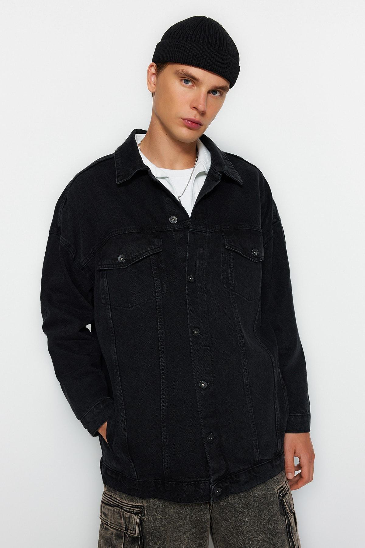 Trendyol - Grey Cotton Oversize Double-Breasted Jacket