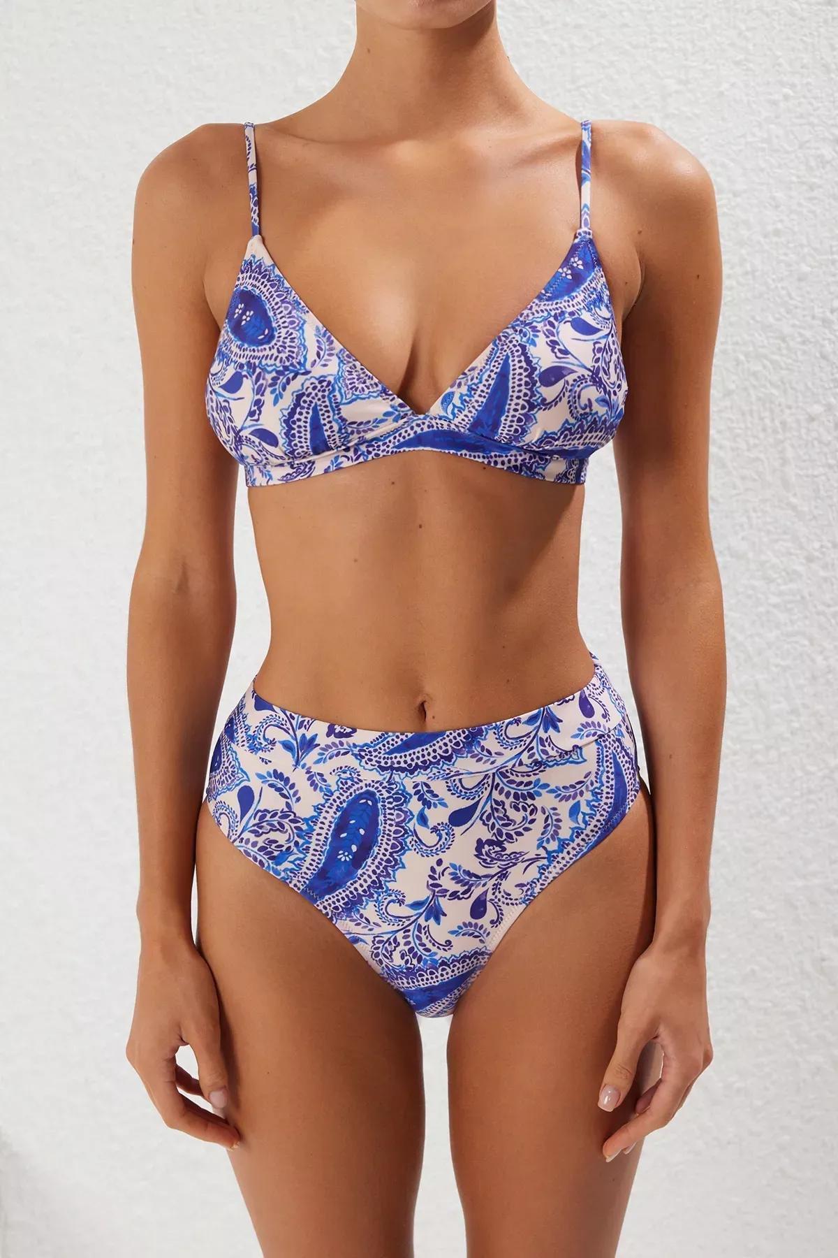 Blue Shawl Patterned High-Waist Hipster Bikini Set, , large image number 2