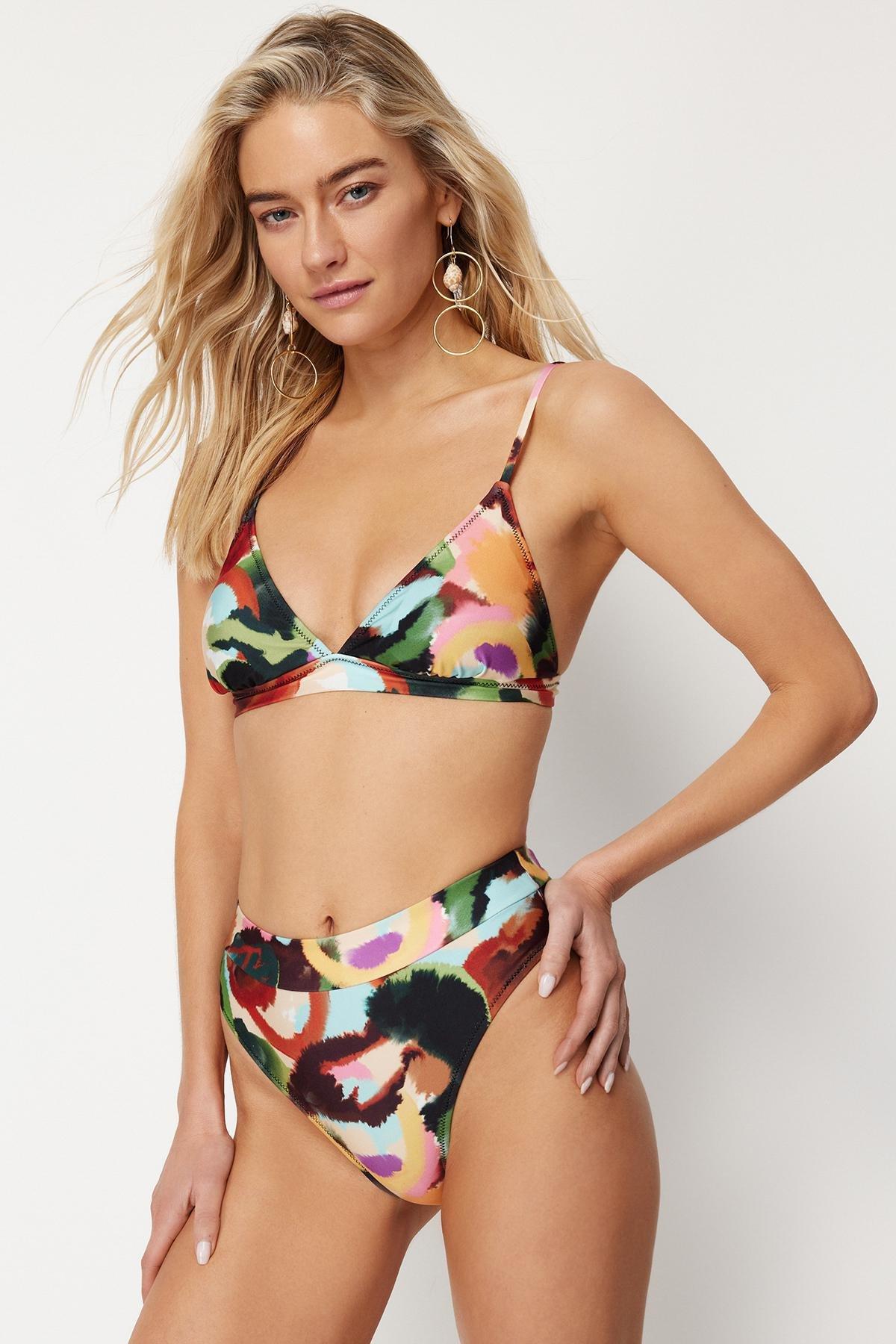 Multicolour Patterned Triangle Bikini Set, , large image number 2