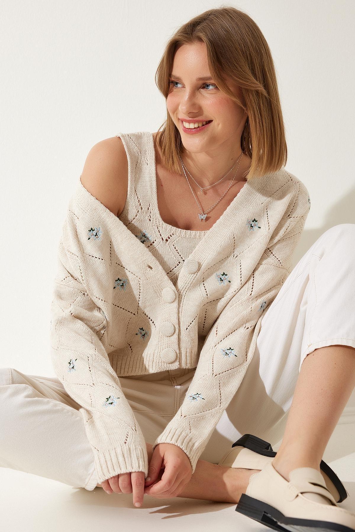 Beige Ajoure V-Neck Cardigan Co-ord Set, Cream, large image number 0