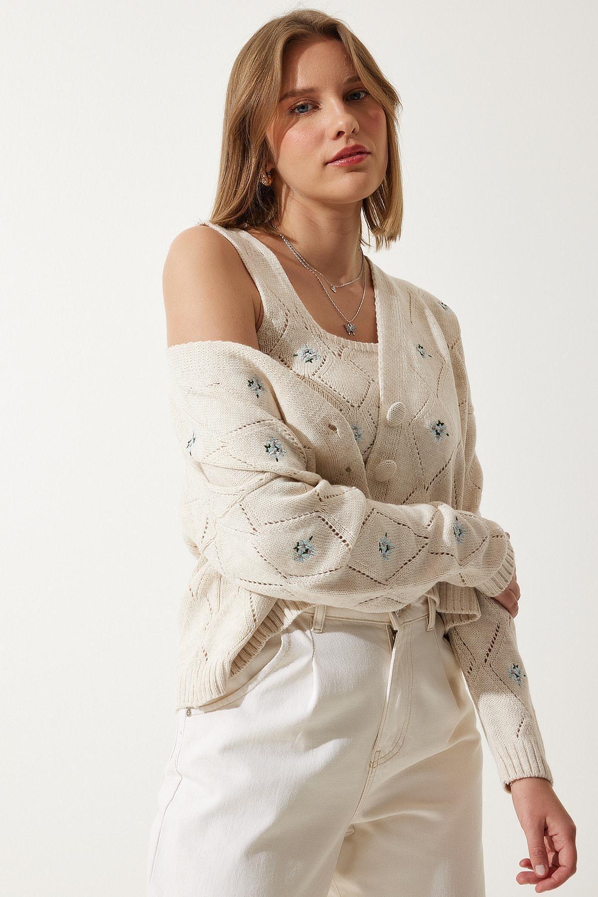Beige Ajoure V-Neck Cardigan Co-ord Set, Cream, large image number 1