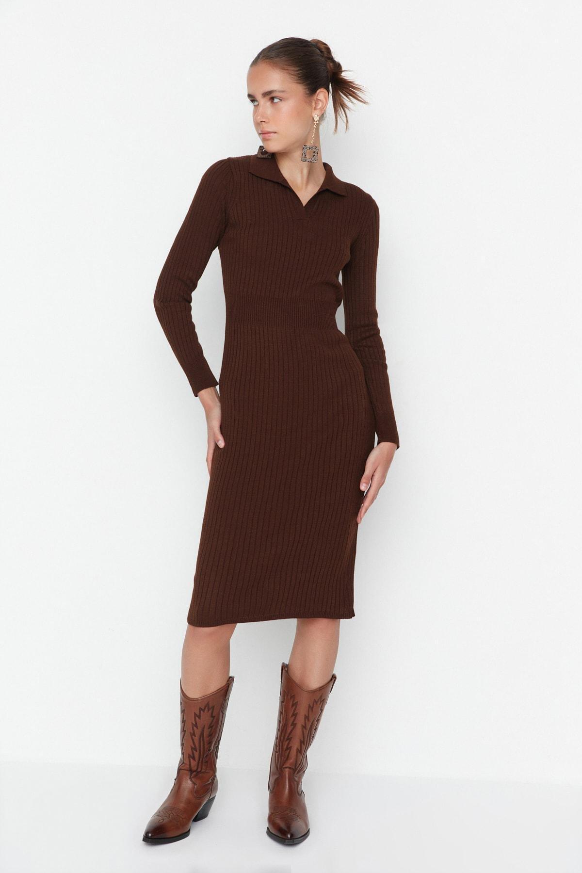 Brown Bodycon Midi Dress, Brown, medium