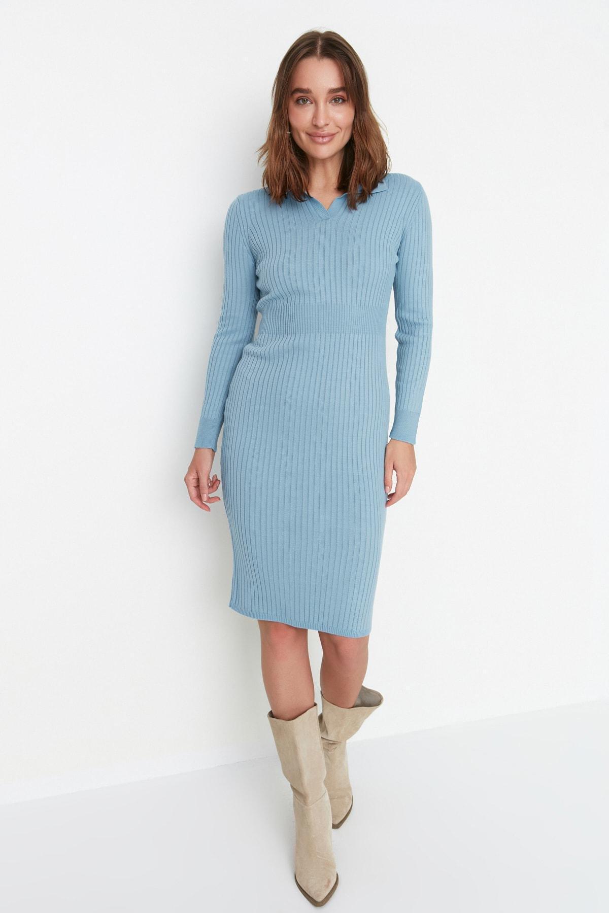 Blue Bodycon Polo Neck Dress, Blue, large image number 0