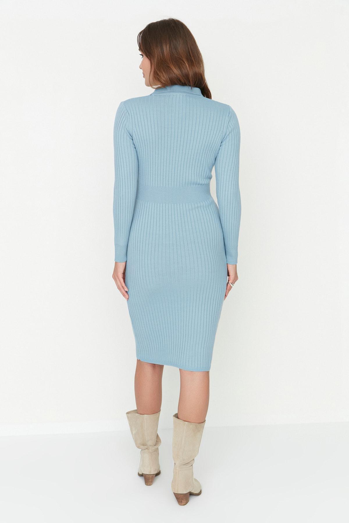 Blue Bodycon Polo Neck Dress, Blue, large image number 4