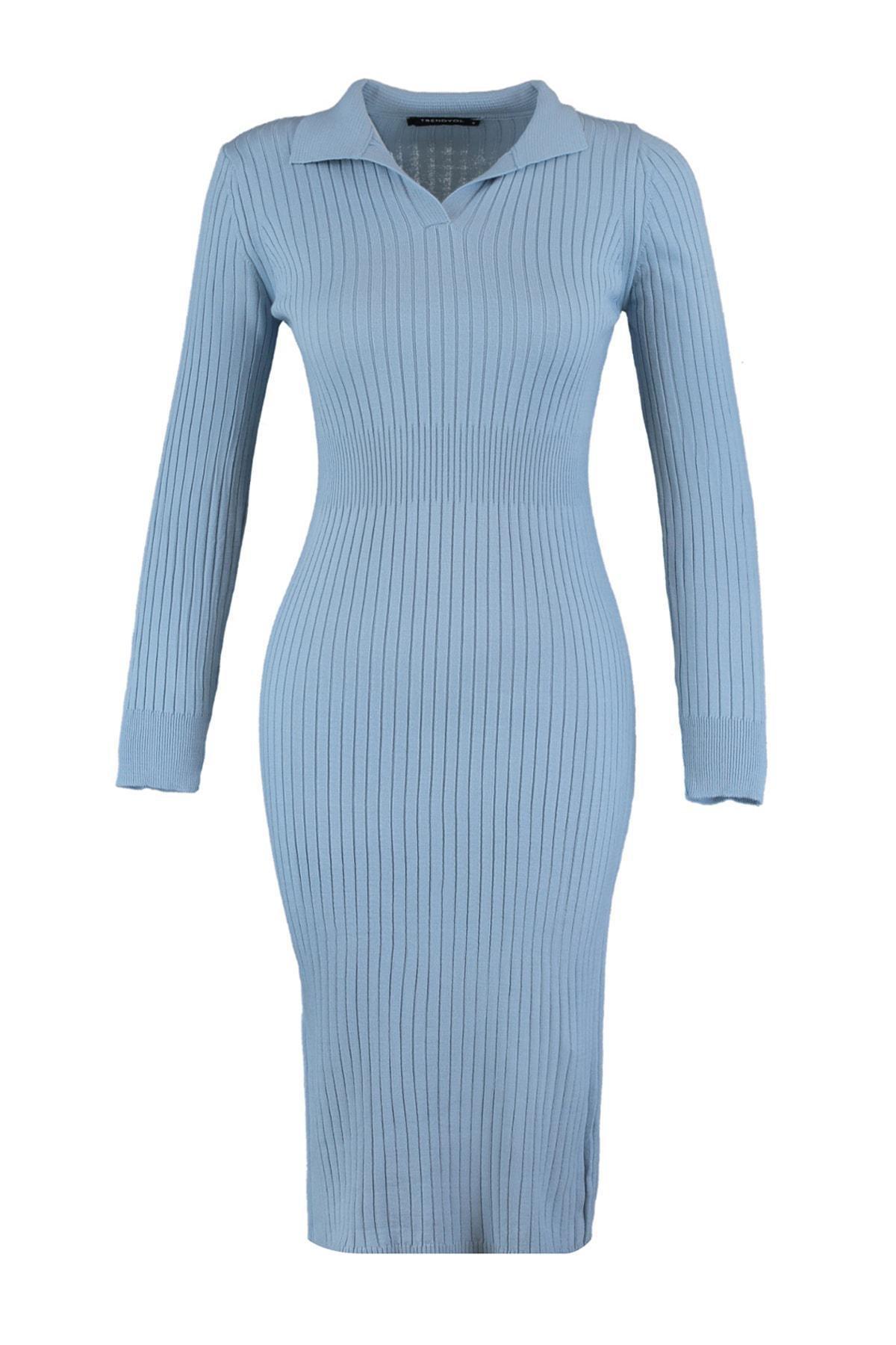 Blue Bodycon Polo Neck Dress, Blue, large image number 5