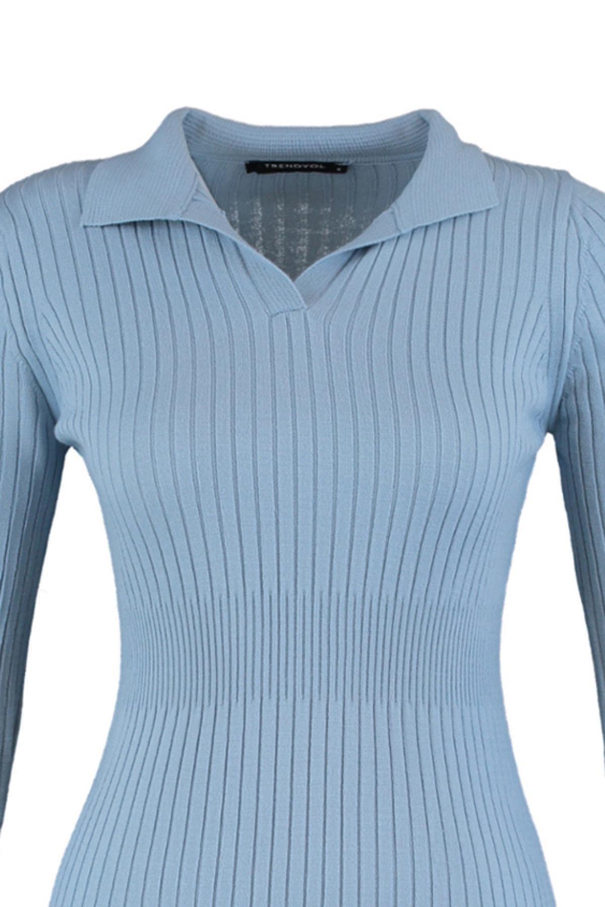 Blue Bodycon Polo Neck Dress, Blue, large image number 6