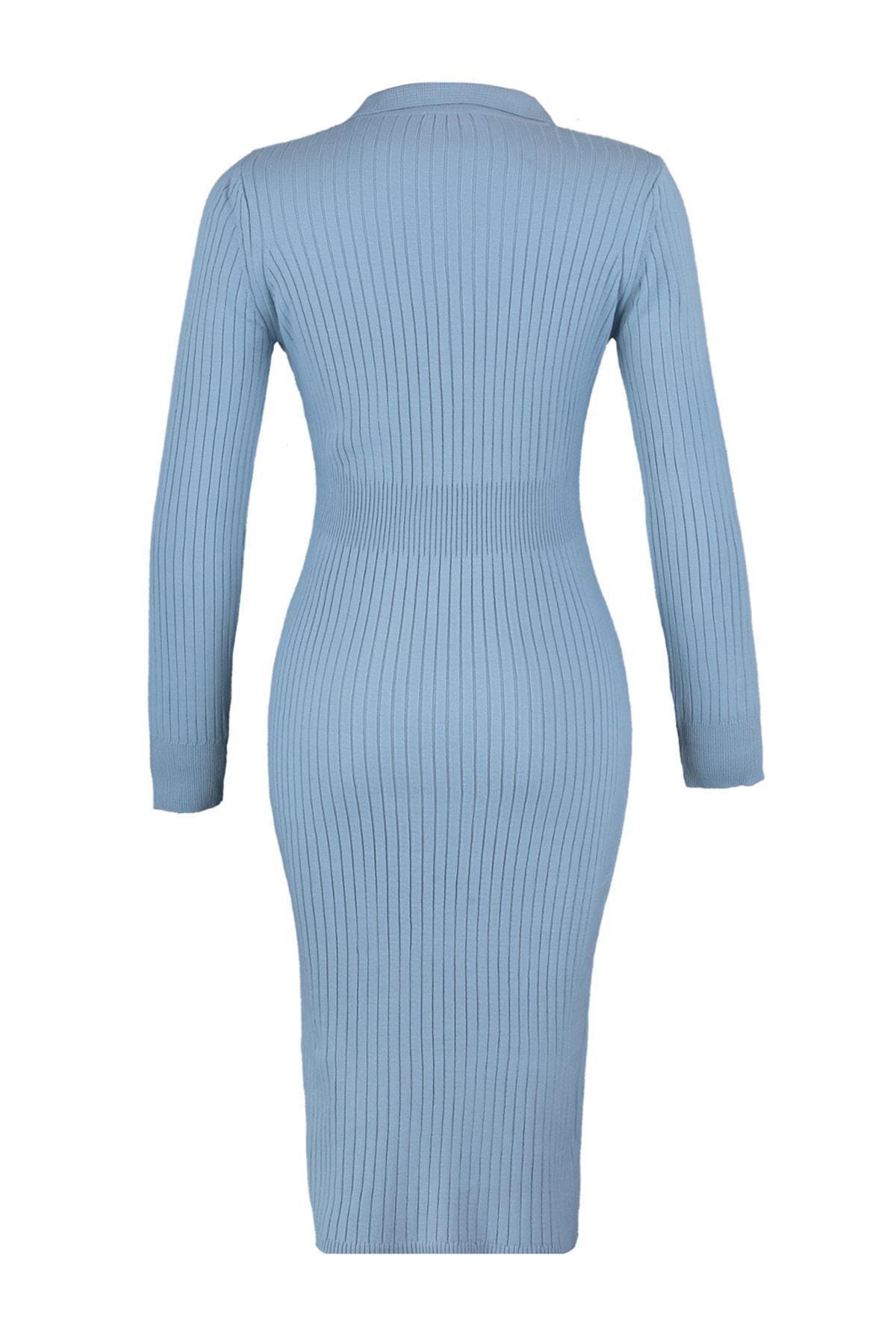 Blue Bodycon Polo Neck Dress, Blue, large image number 7