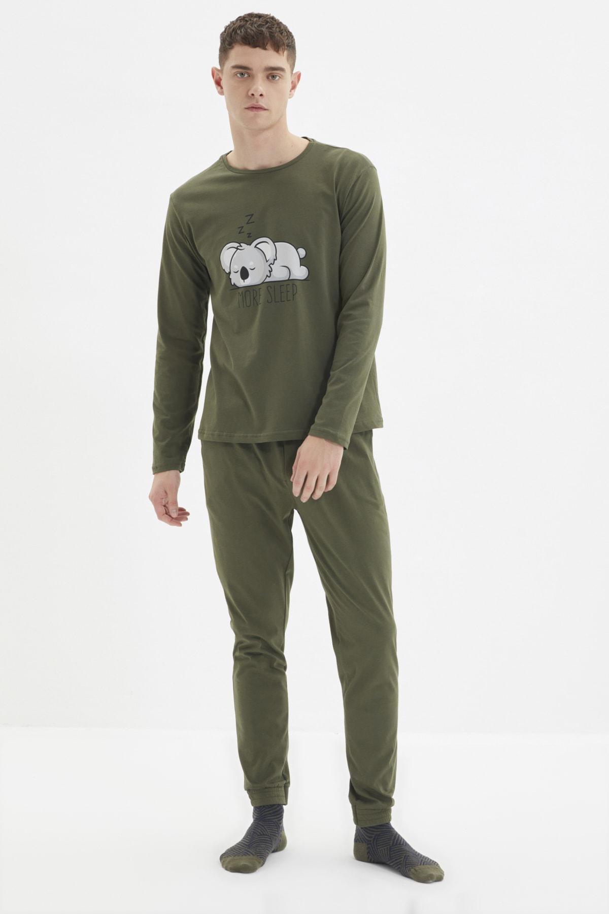 Khaki Animal Print Crew Neck Pajama Set, , large image number 0