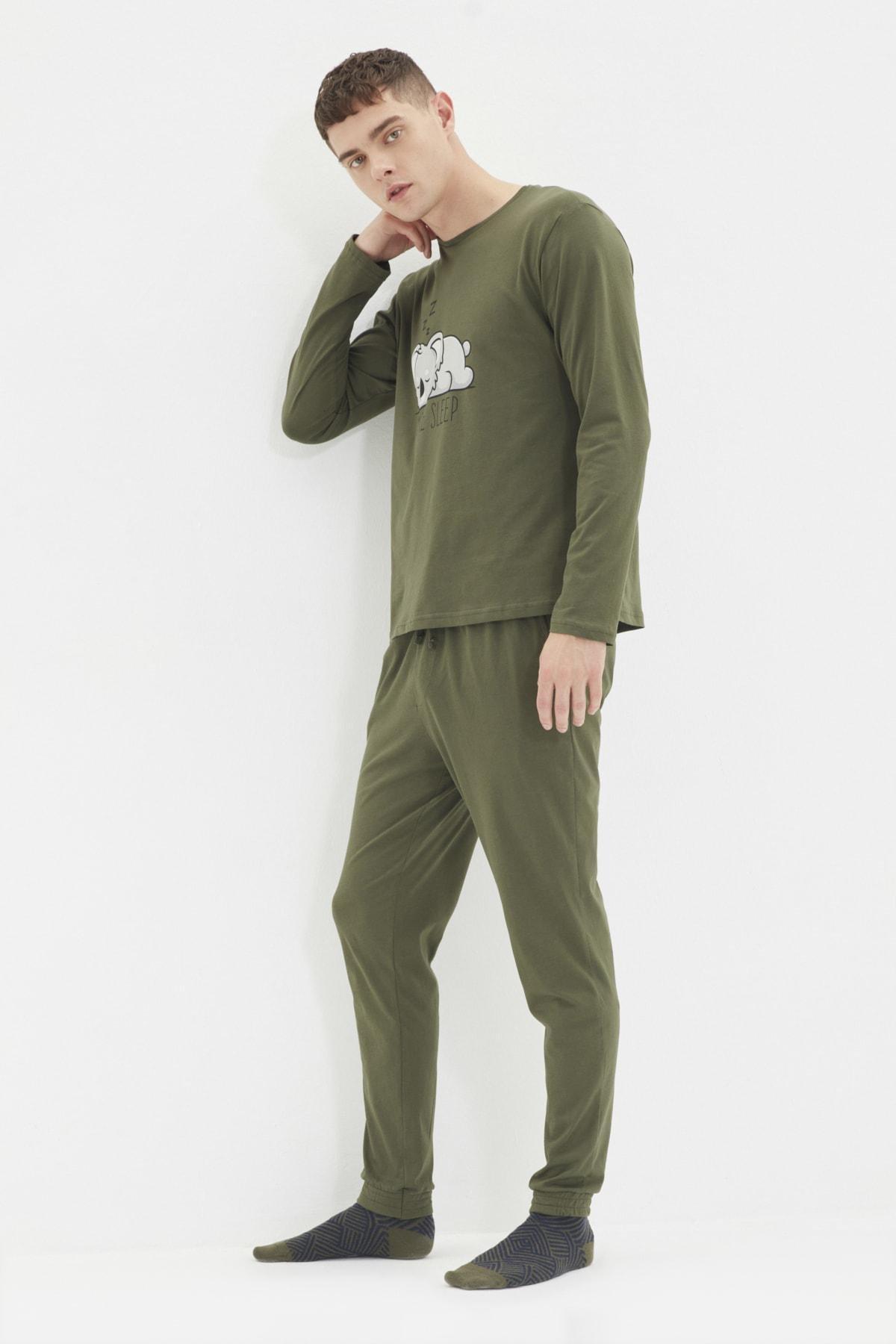 Khaki Animal Print Crew Neck Pajama Set, , large image number 4