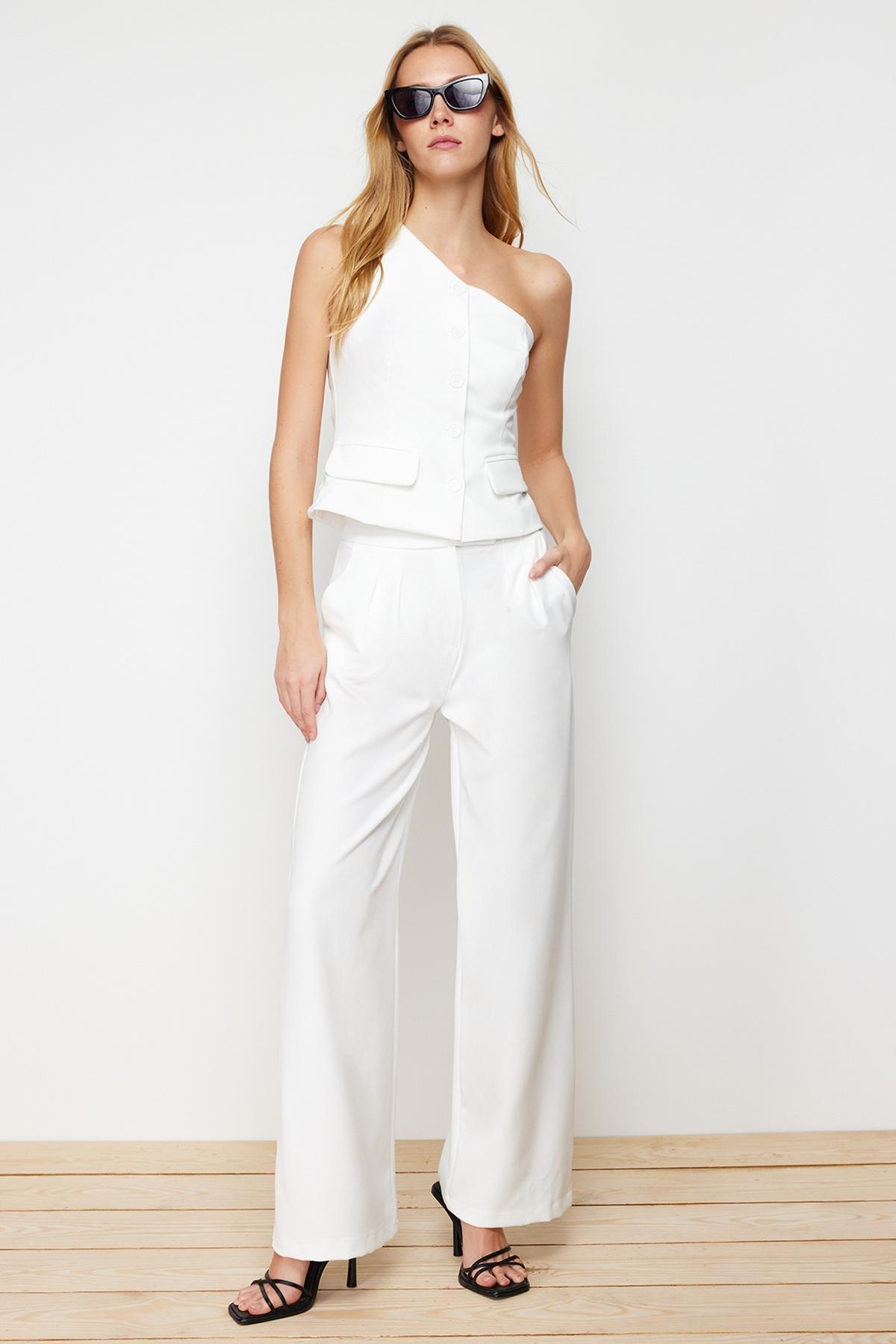 Ecru Wide Leg Woven Trousers, , large image number 1