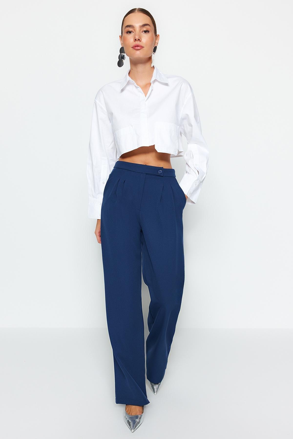 Navy Wide Leg High Waist Woven Trousers, , large image number 0