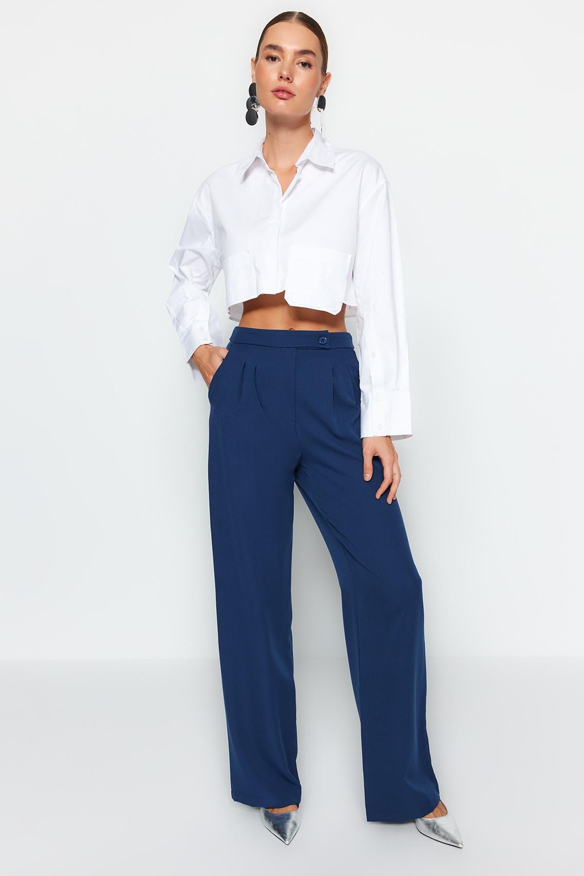 Navy Wide Leg High Waist Woven Trousers, , large image number 1