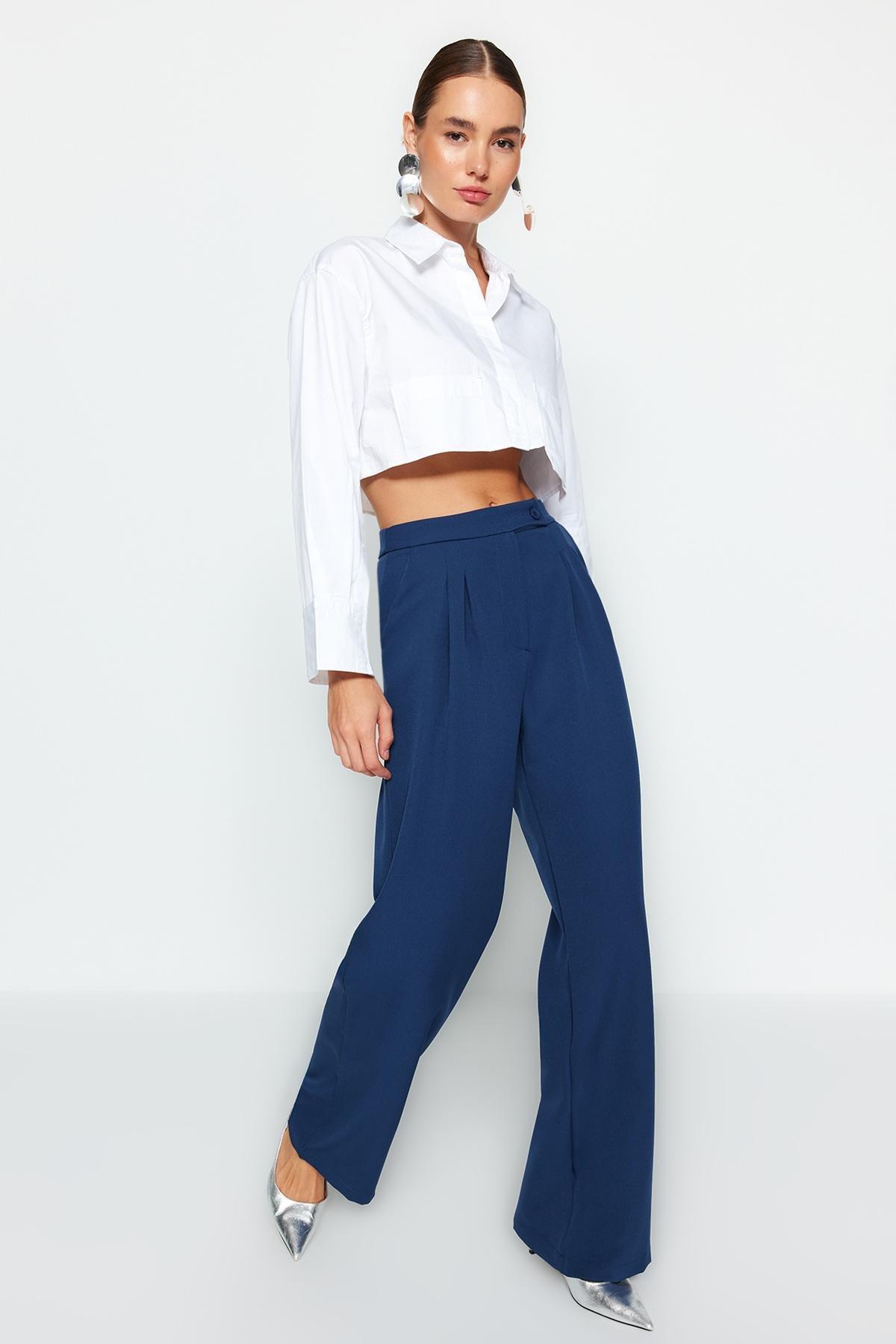 Navy Wide Leg High Waist Woven Trousers, , large image number 2