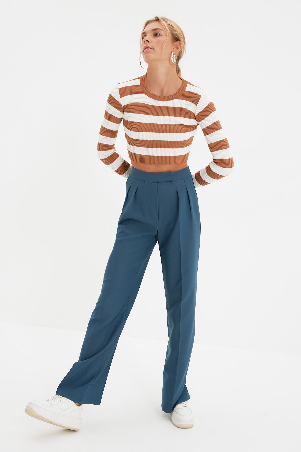 Blue Wide Leg Mid Waist Pants, , large image number 0