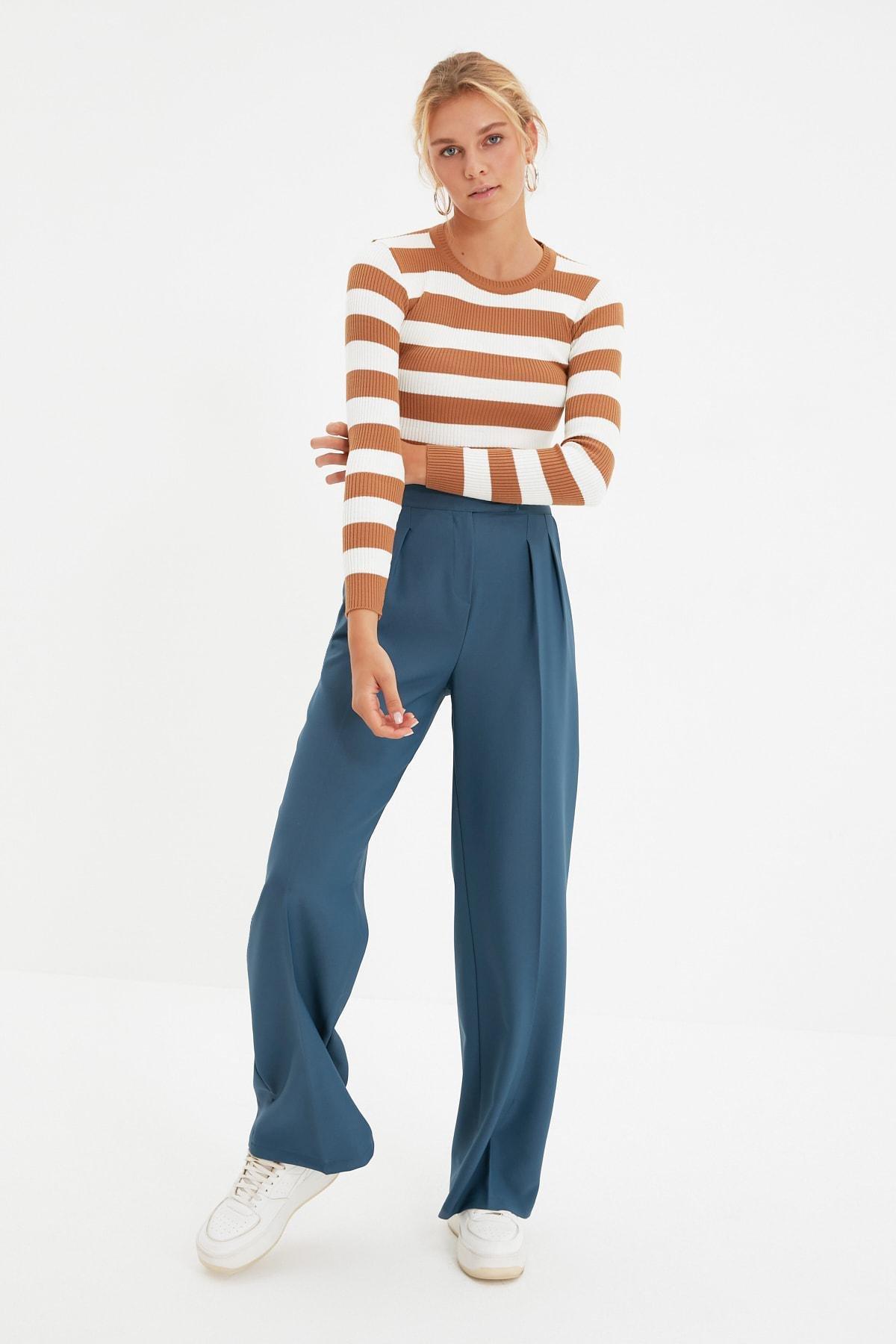 Blue Wide Leg Mid Waist Pants, , large image number 1