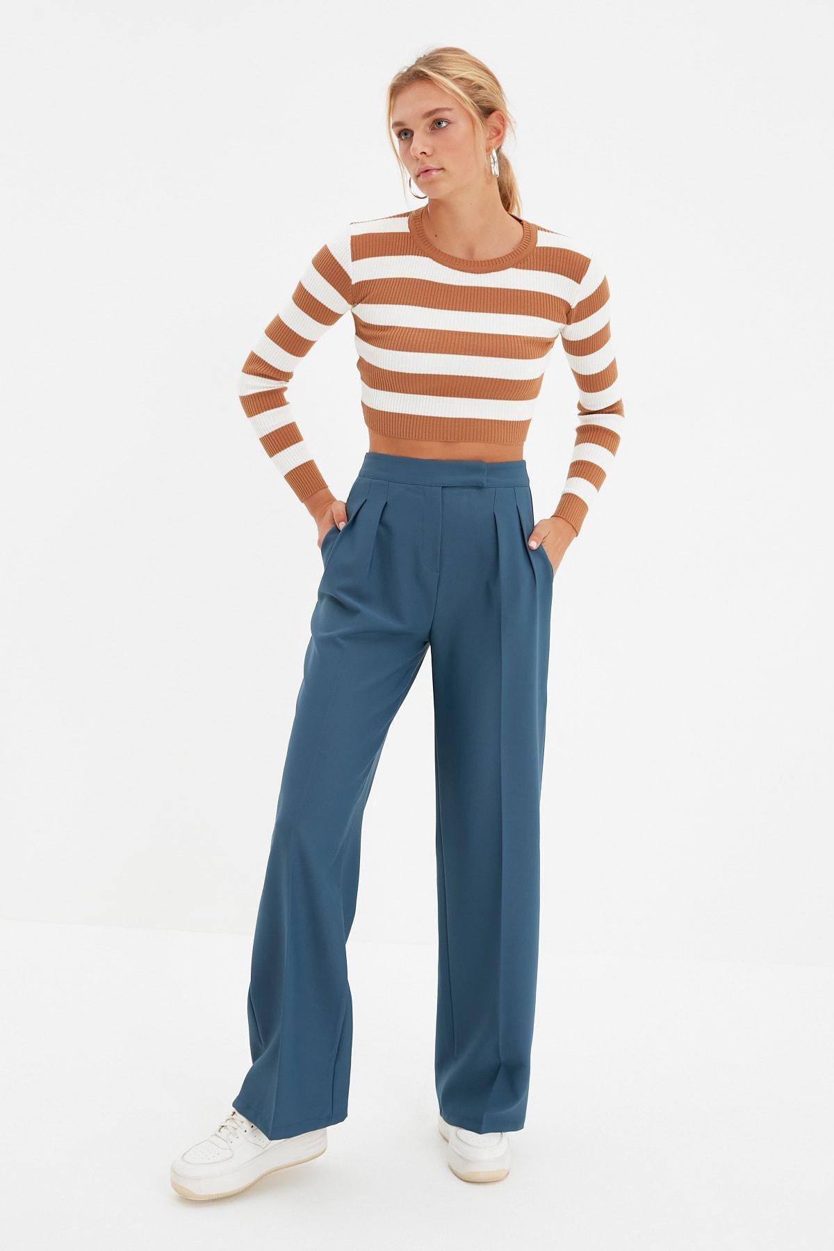 Blue Wide Leg Mid Waist Pants, , large image number 2