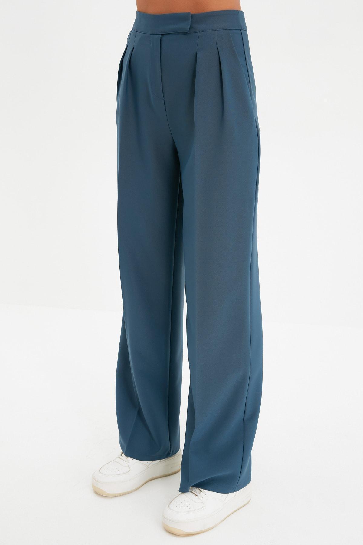 Blue Wide Leg Mid Waist Pants, , large image number 3