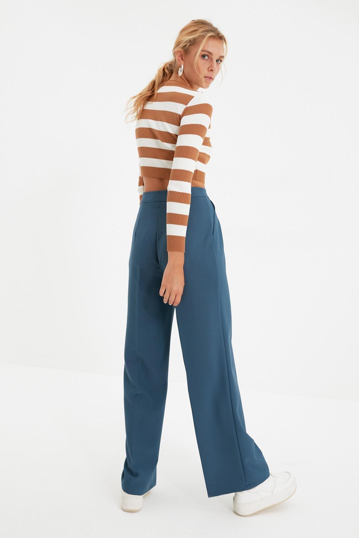 Blue Wide Leg Mid Waist Pants, , large image number 4