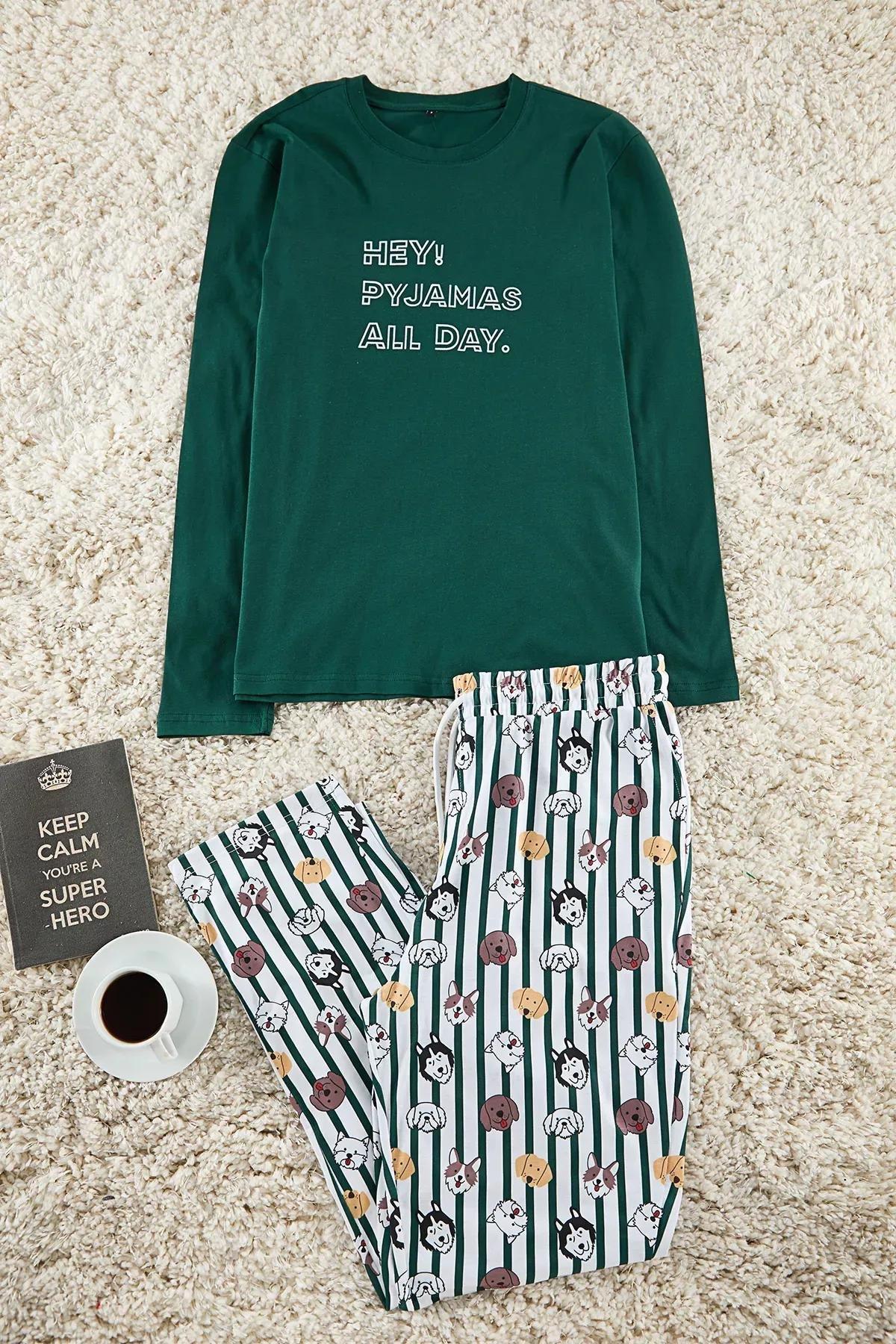 Green Printed Knitted Pajama Set, Emerald, medium