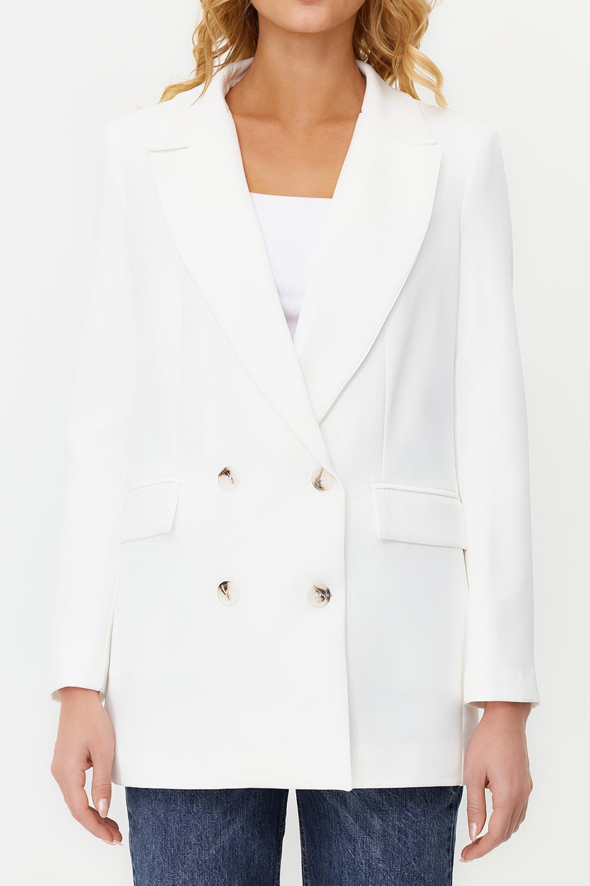 White Oversized Woven Blazer Jacket, , large image number 4